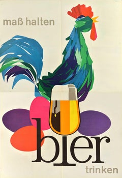 Original Vintage Advertising Poster Drink Beer Moderately Cockerel Bier Alcohol