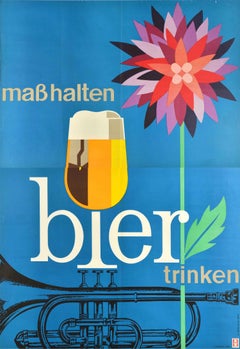 Original Vintage Advertising Poster Drink Beer Moderately Flower Trumpet Alcohol