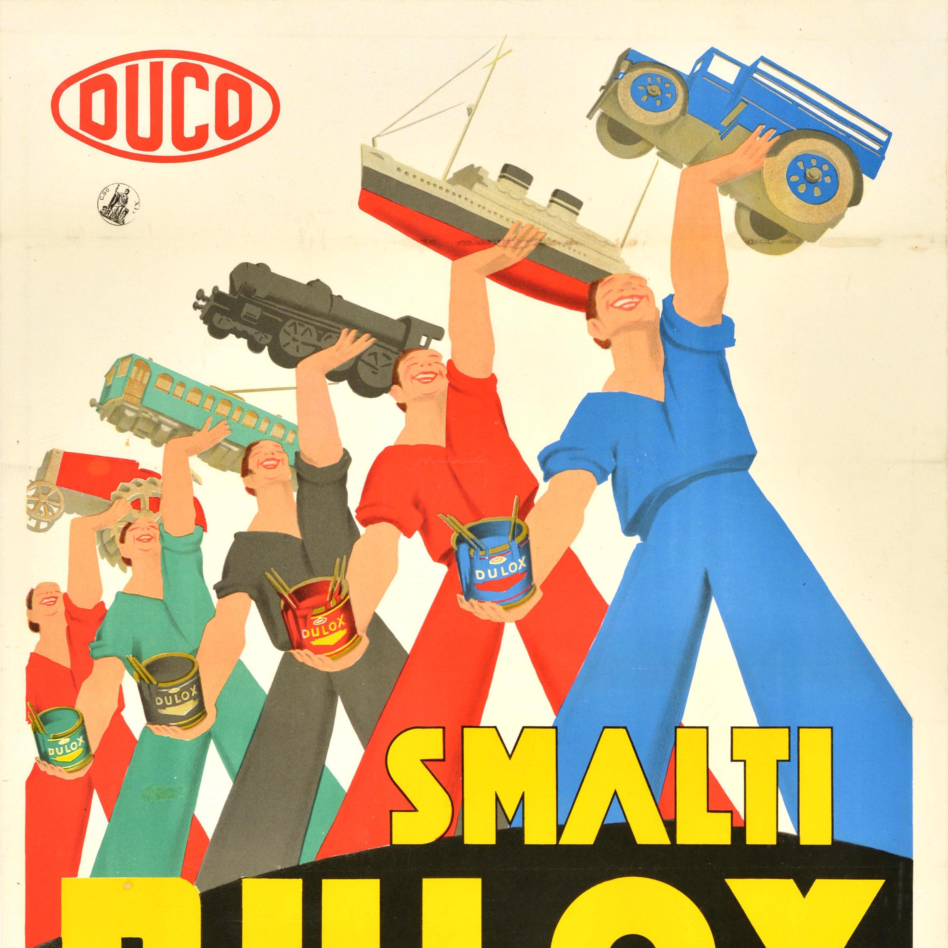 Original vintage advertising poster for Duco Dulox enamel paints - Prodotti insuperabili totalmente Italiani / Unsurpassed, totally Italian products - featuring a great illustration of smiling workers in blue, red, grey and green overalls in a line