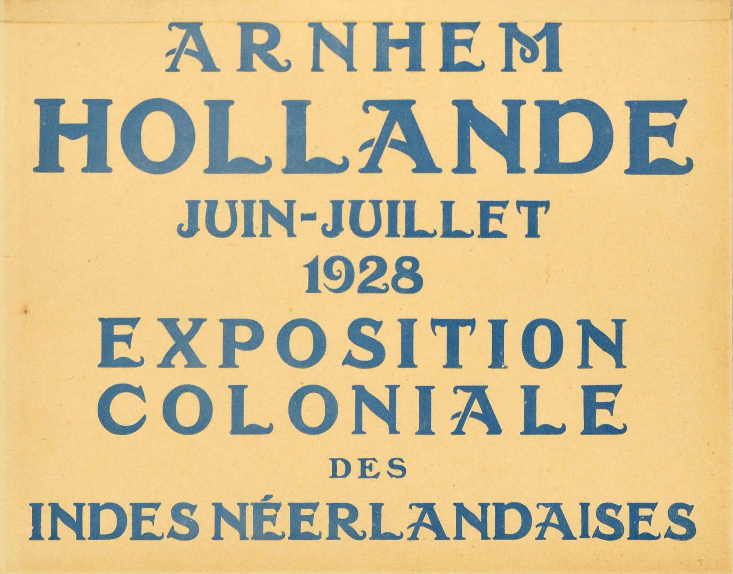 Original vintage advertising poster for the Dutch East Indies Colonial Exhibition / Exposition Coloniale des Indes Neerlandaises that took place in Arnhem Holland in June-July 1928. Great image of two people in traditional clothing and headdresses