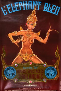 Affiche publicitaire originale vintage Elephant Bleu Thai Show Dinner OKley Pin-Up