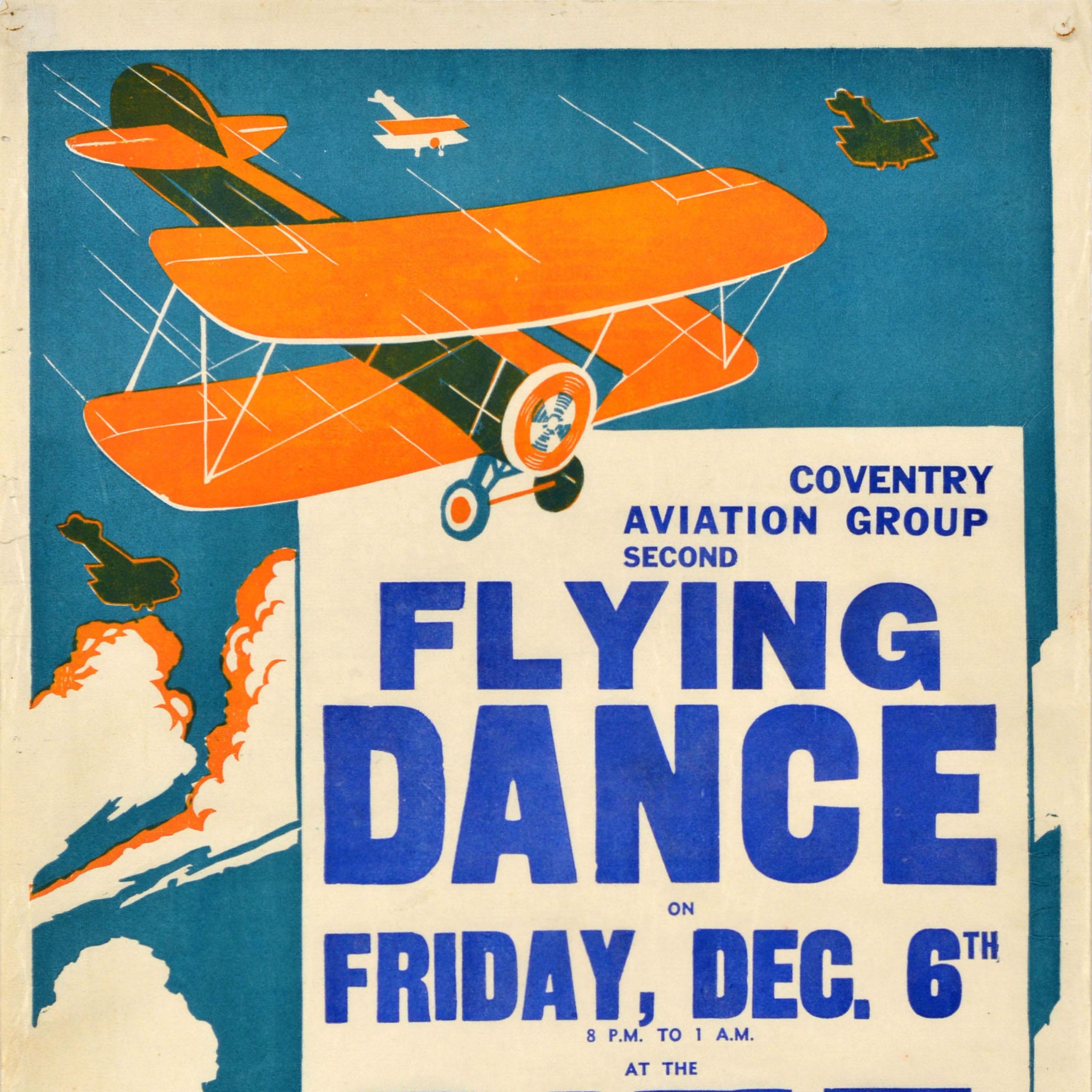 Original vintage advertising poster for Coventry Aviation Group Second Flying Dance on Friday, Dec. 6th at the Ritz Cinema Albany Road, featuring an illustration of planes in the sky, bold blue lettering over a light background. Good condition,