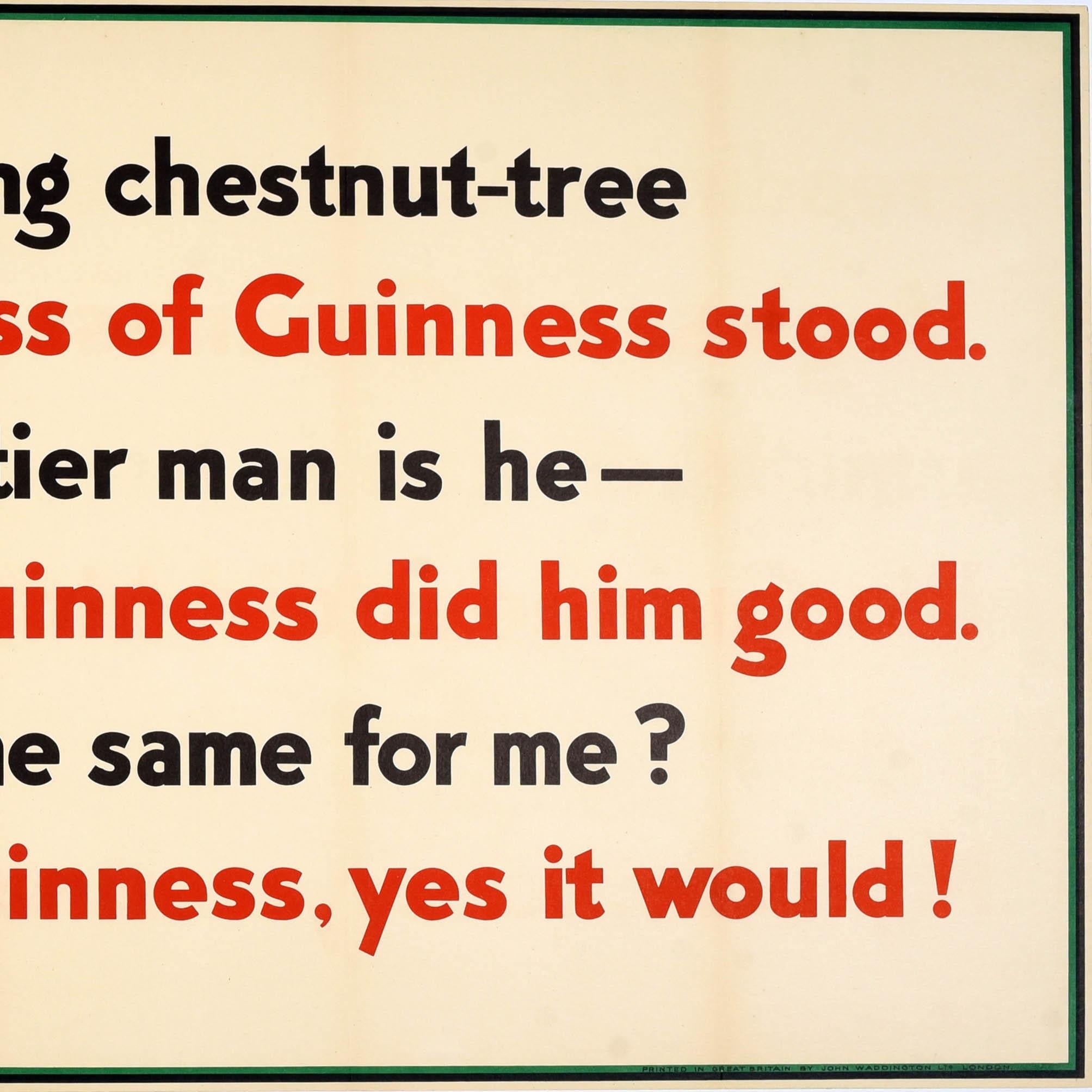 Original Guinness-Plakat - Unter dem Kastanienbaum steht ein Glas Guinness. Der Schmied, ein mächtiger Mann ist er Sein Guinness tat ihm gut. Und würde sie das auch für mich tun? Mein Guinness, ja das wäre es! - mit einem farbenfrohen Design, das