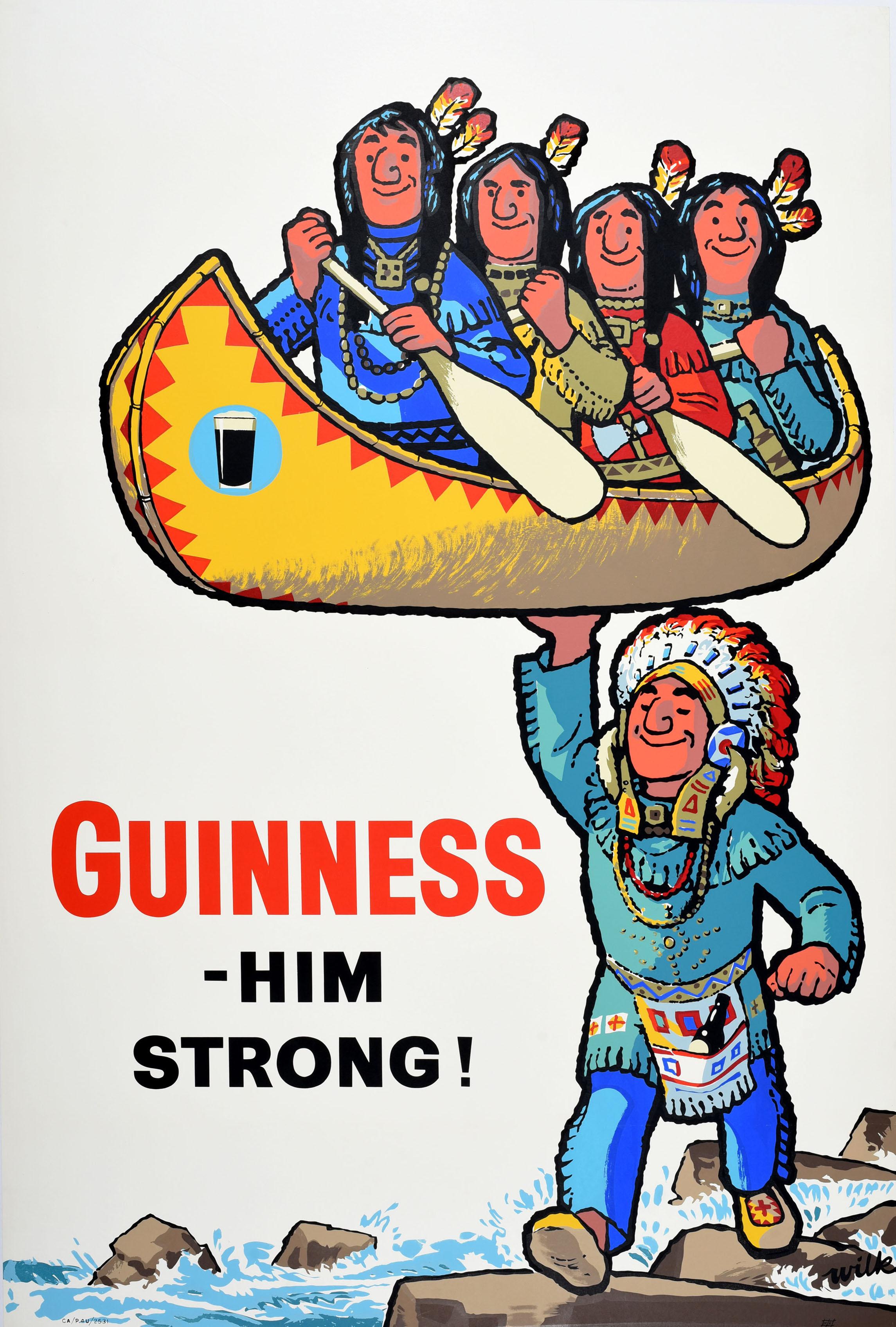 Unknown Print - Original Vintage Advertising Poster Guinness Him Strong Native American Canoe