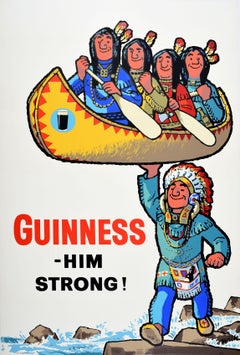 Affiche publicitaire originale vintage Guinness Him Strong, Canoë amérindien
