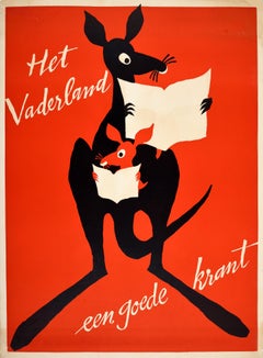 Original Vintage Advertising Poster Het Vaderland Newspaper Reading Kangaroo
