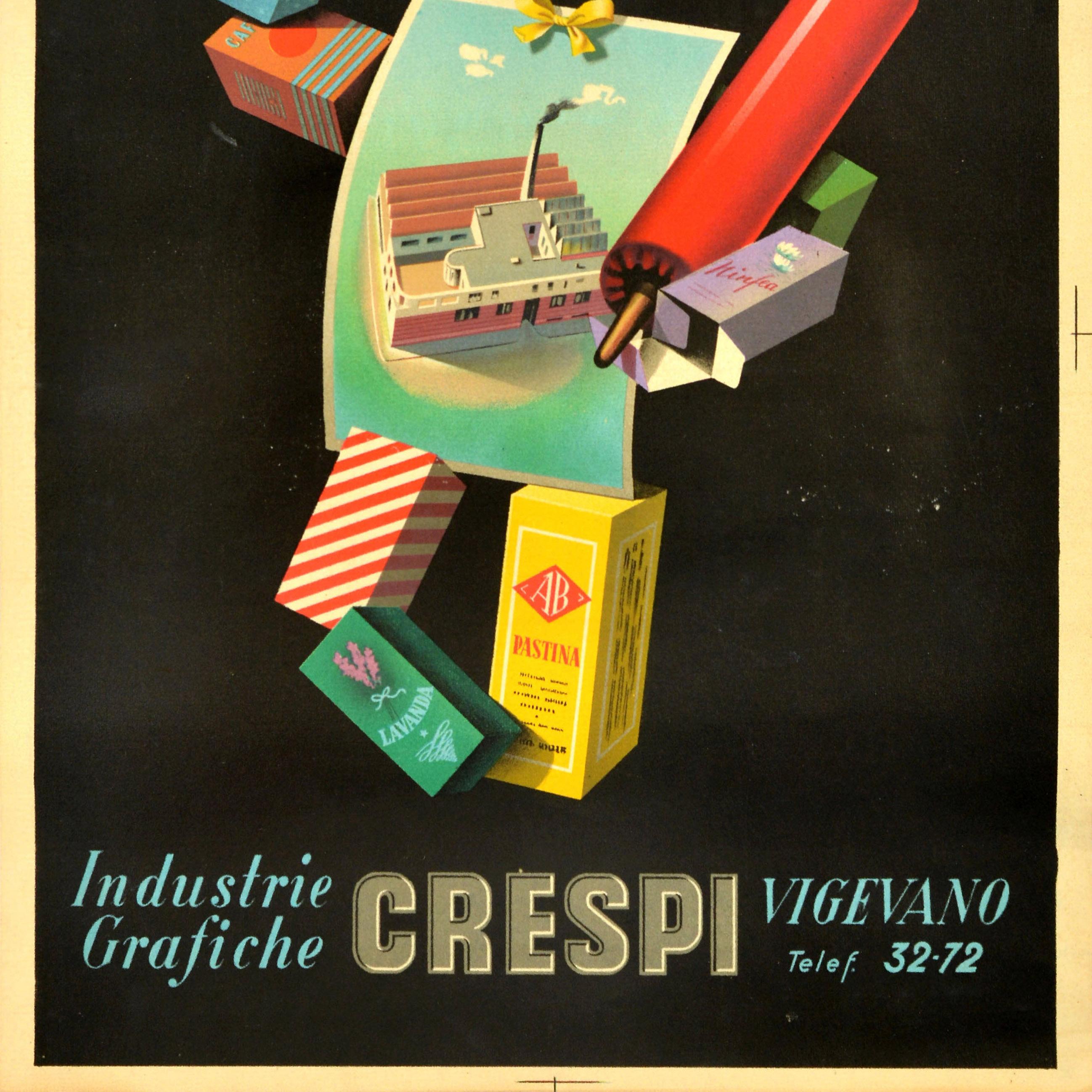 Original vintage advertising poster - per la confezione fine Industrie Grafiche Crespi Vigevano Telef. 3272 / Graphic Industries for fine packaging - featuring an image of a man made out of various packing boxes holding a gift box with a ribbon on
