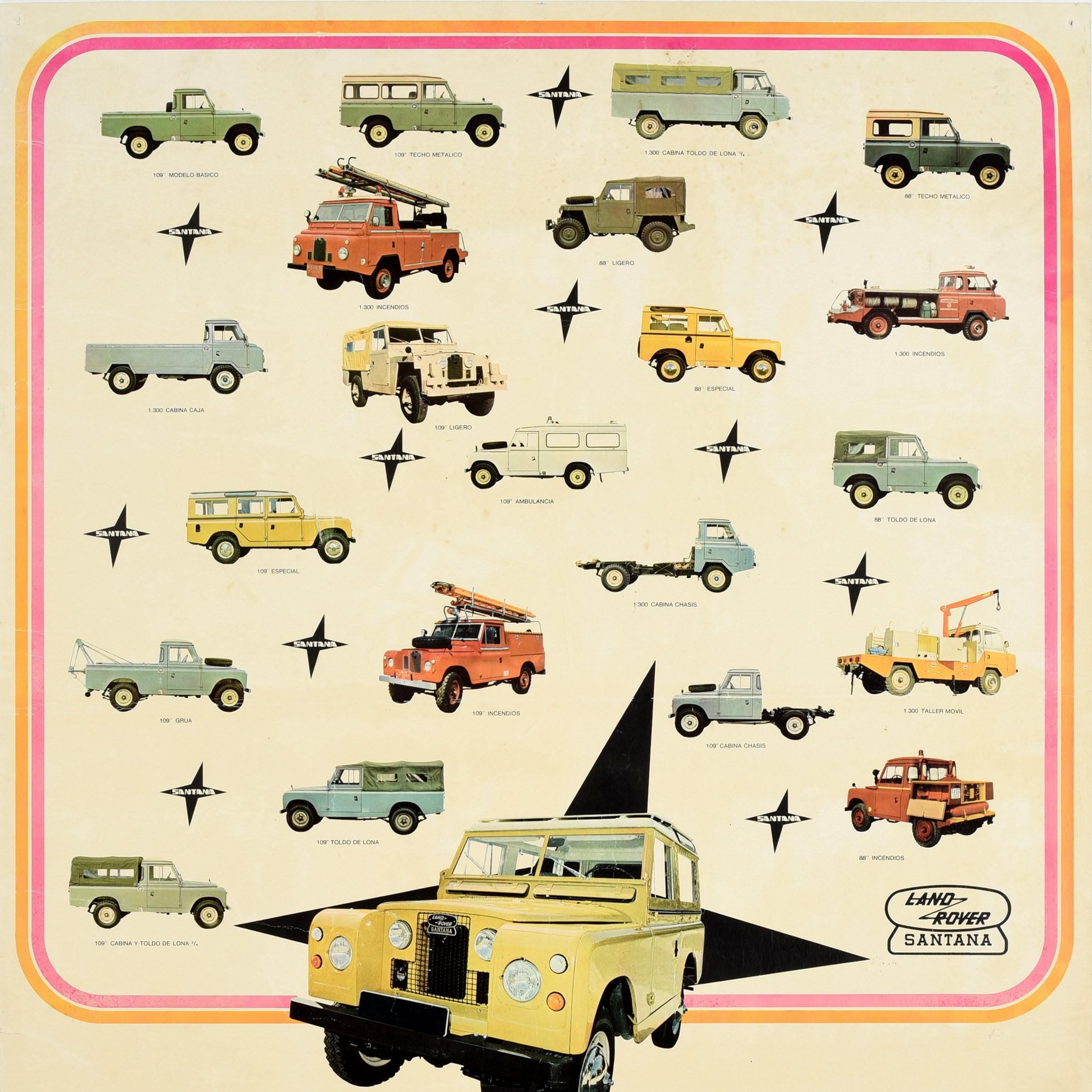 Originales Vintage-Werbeplakat für Land-Rover Santana Fernando Rodriguez Metalurgica de Santa Ana mit Abbildungen von geländegängigen Land Rover Pick-up-Jeep-Modellen mit schwarzen Sternformen innerhalb eines rosa-orangenen Rahmens, einem gelben