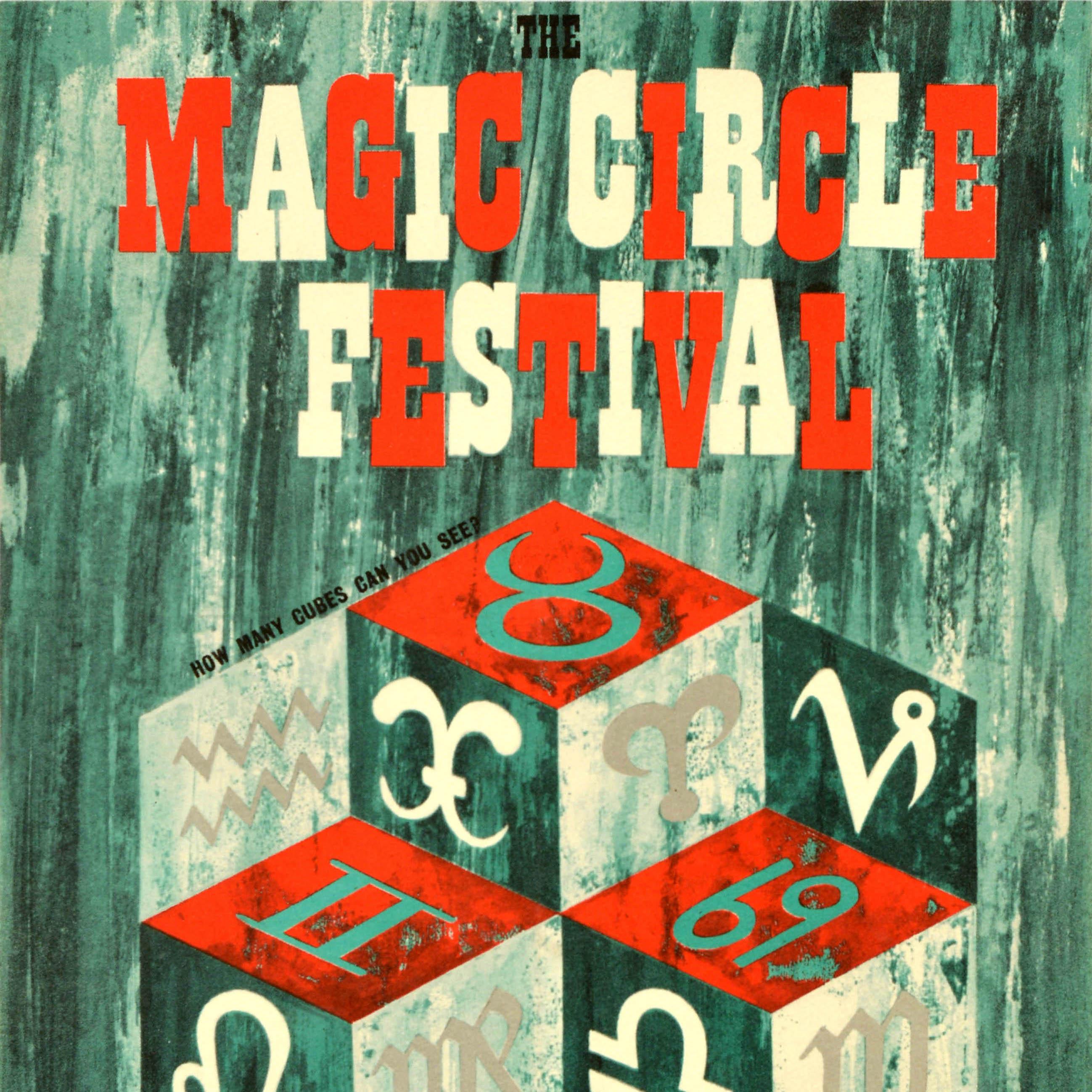 Original vintage advertising poster for The Magic Circle Festival Scala Theatre Charlotte St W1 9-14 October 1961 For One Week Only featuring a great design depicting green, red and white shapes as an optical illusion with zodiac symbols / horoscope