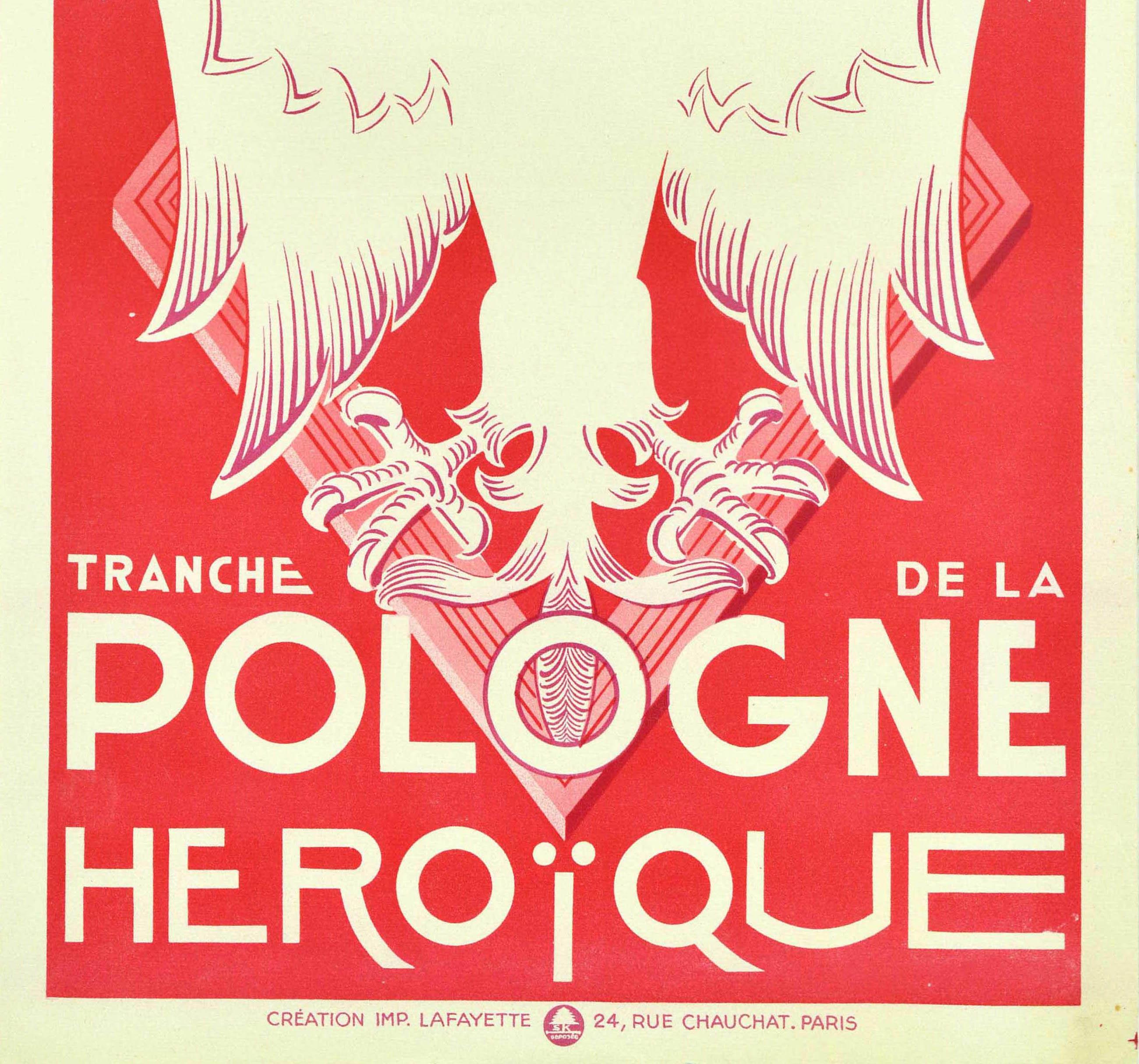 Originales Werbeplakat für die Loterie Nationale 3e Tranche 1940 Tranche de la Pologne Heroique / Nationale Lotterie Heldenhaftes Polen mit einer Illustration eines gekrönten weißen Adlers über einer Raute auf rotem Hintergrund, der Titel auf einer