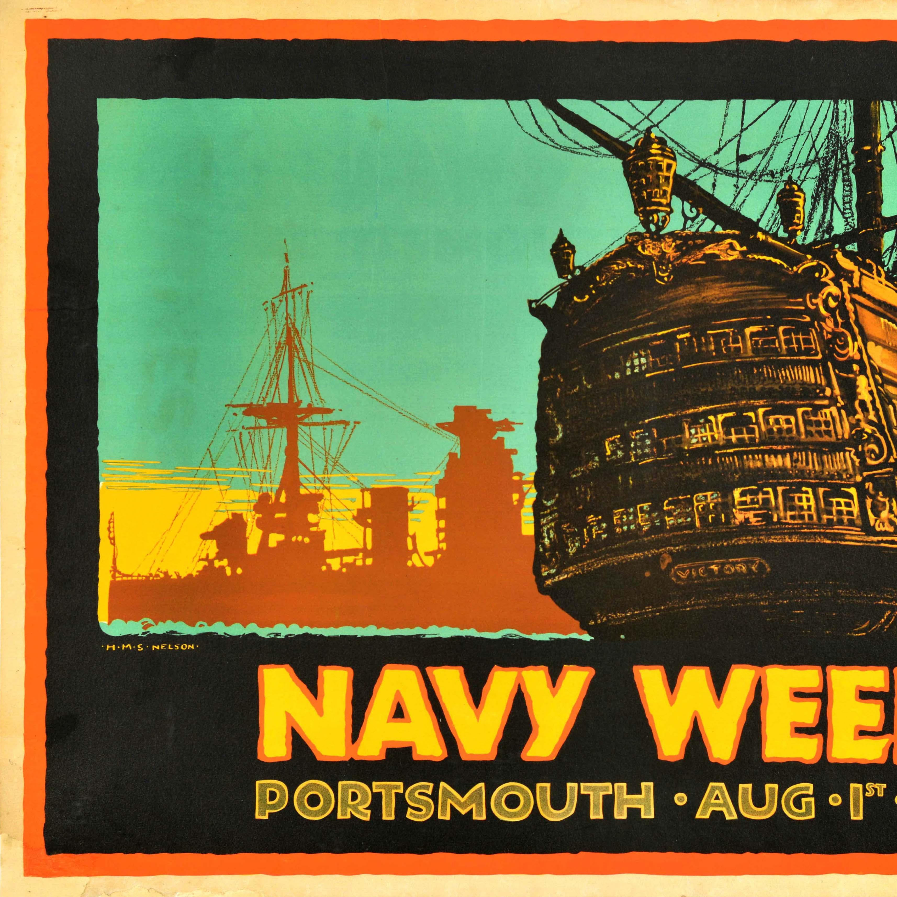 Original vintage maritime event advertising poster for the Navy Week Portsmouth 1-8 August featuring an illustration depicting the Royal Navy battleship HMS Nelson (launched 1925-decommissioned 1948) on the horizon with the Battle of Trafalgar