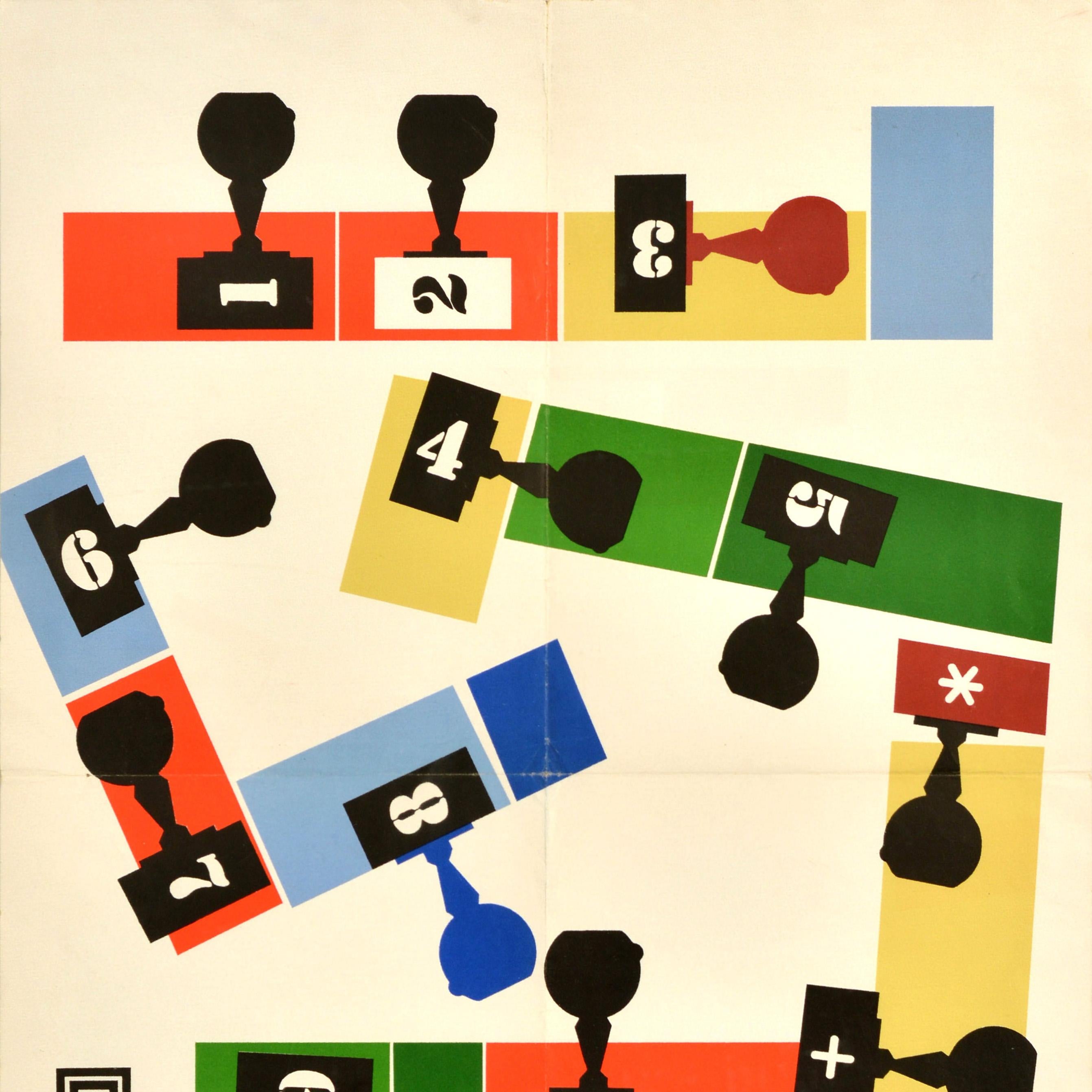 Original vintage advertising poster for the Olivetti Divisumma 24 calculating machine model featuring a great mid-century graphic design depicting numbers and symbols on rubber stamps over colourful rectangles with the text in black below. The