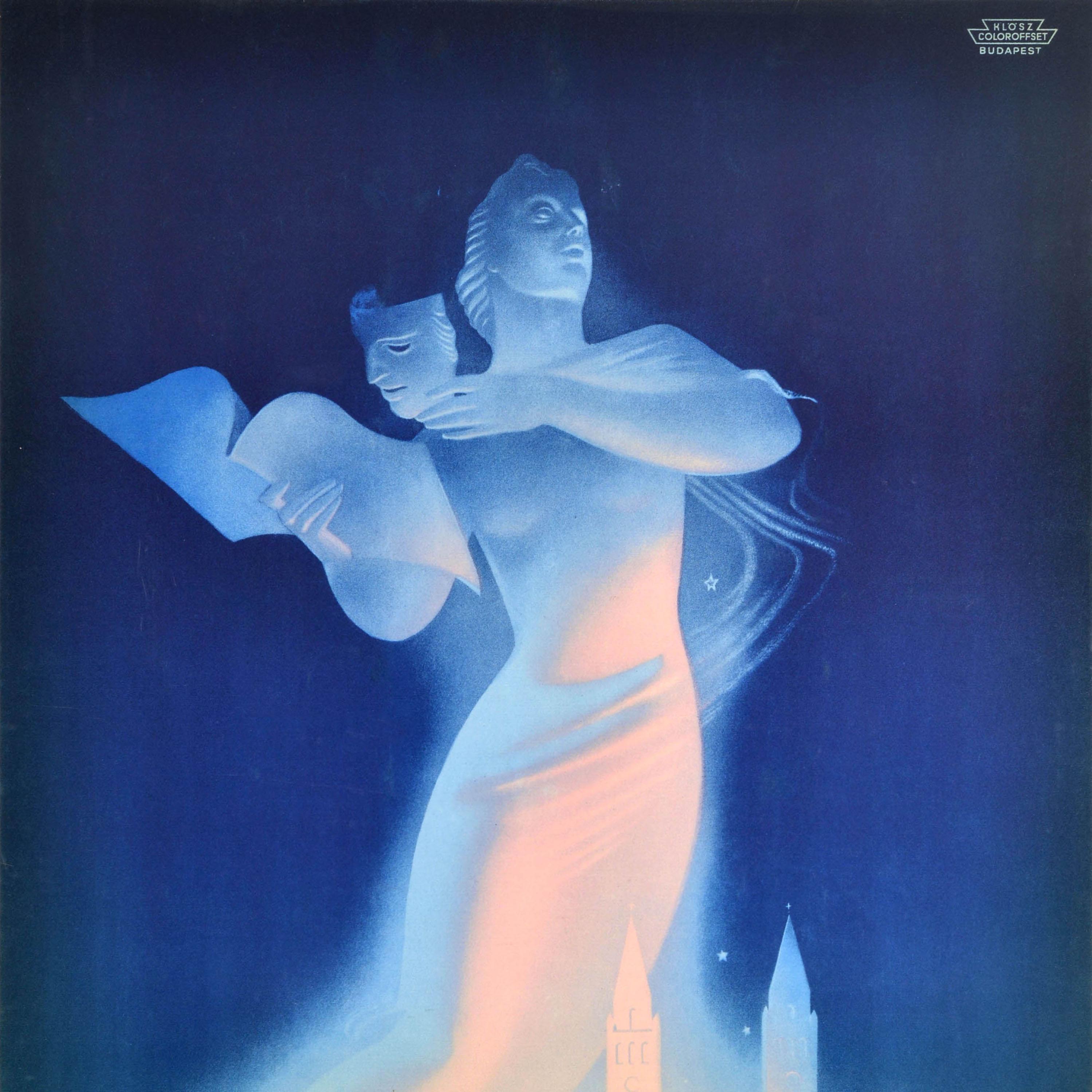 Original-Vintage-Werbeplakat Open Air Plays Szeged Ungarn, Art déco (Blau), Print, von Unknown