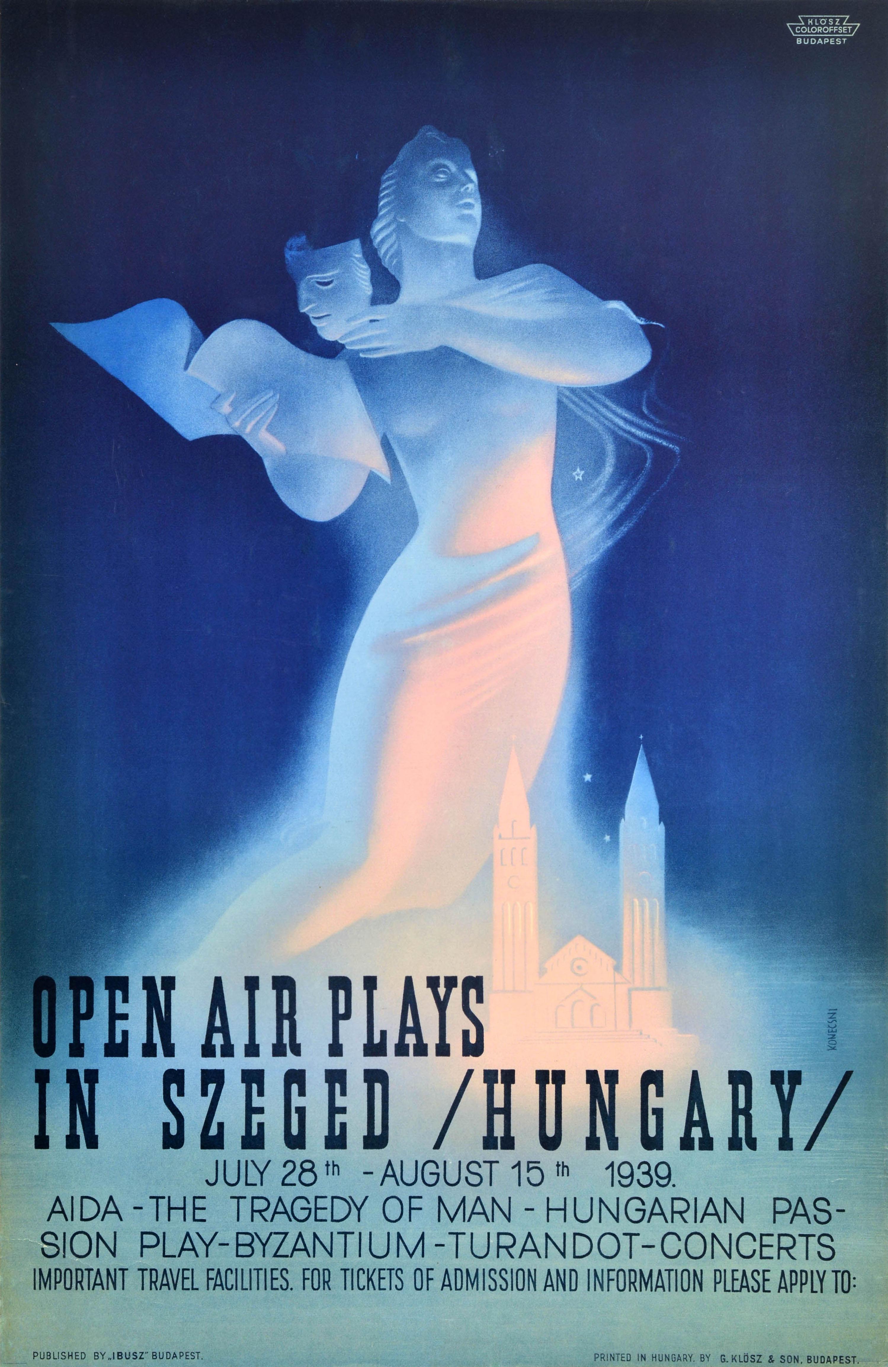 Unknown Print – Original-Vintage-Werbeplakat Open Air Plays Szeged Ungarn, Art déco