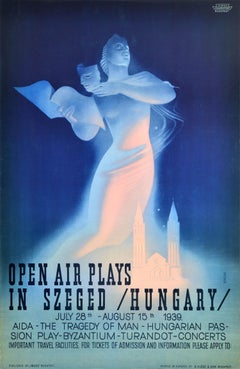 Affiche publicitaire originale Open Air Plays Szeged Hongrie Art Déco
