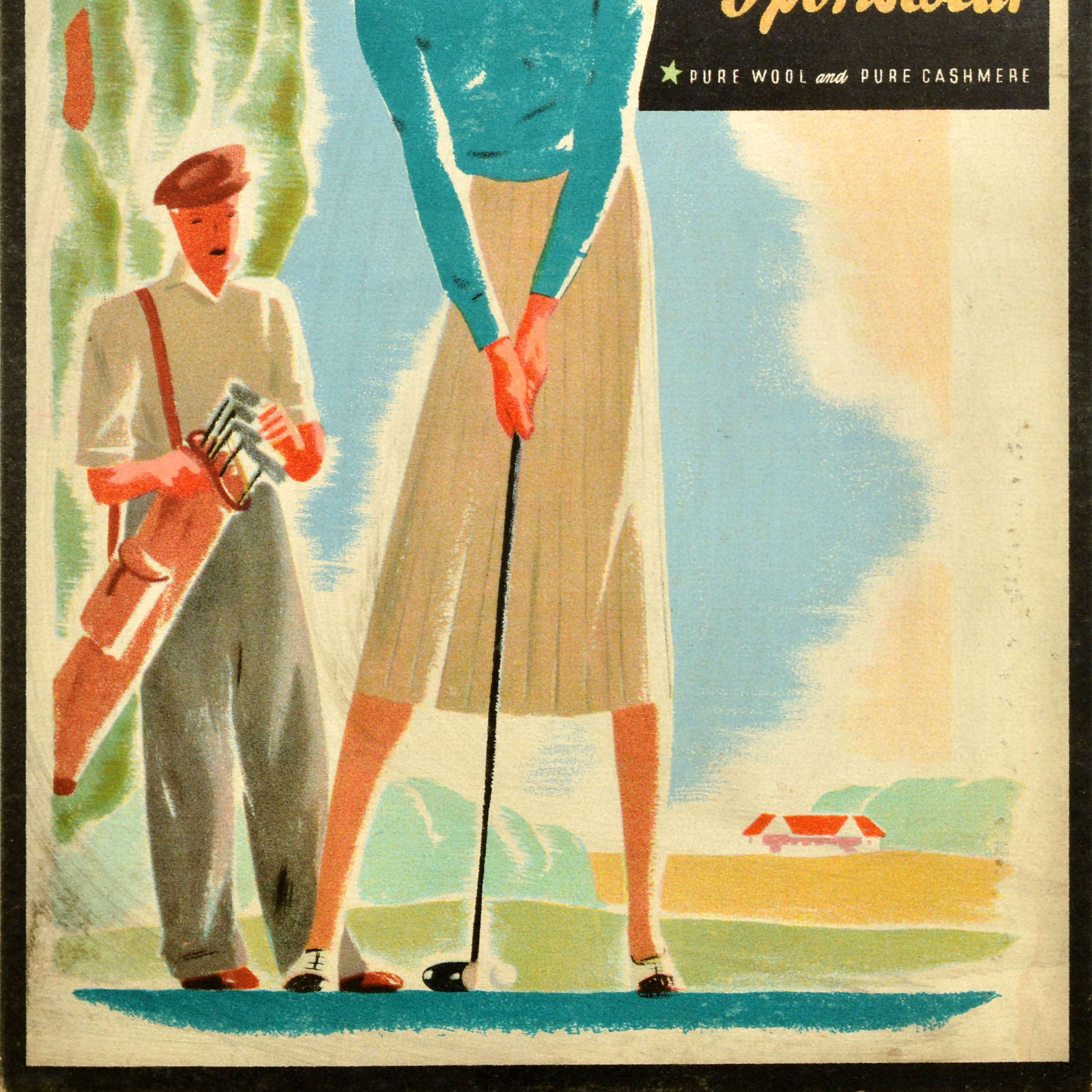 Cartel publicitario original de ropa de época -¡Para una dirección perfecta! Peter Scott Sportswear Pura Lana y Puro Cachemir - con una ilustración de una mujer vestida a la moda con un top y una falda azules jugando al golf con un caddy que sujeta