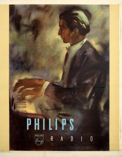 Original Vintage-Werbeplakat Philips Radio Klavierspieler Klassische Musik