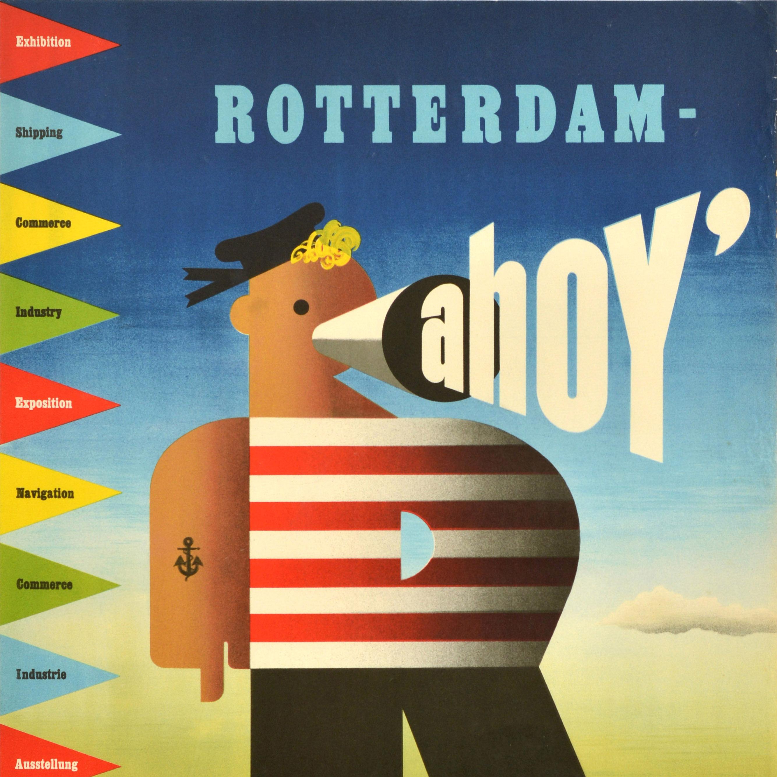 Original vintage mid-century design advertising poster for the Rotterdam Rhineport Reconstructed Haven Tentoonstelling Haven Festival held from 15 June to 15 August featuring a fun nautical illustration of a sailor in a hat with an anchor tattoo on