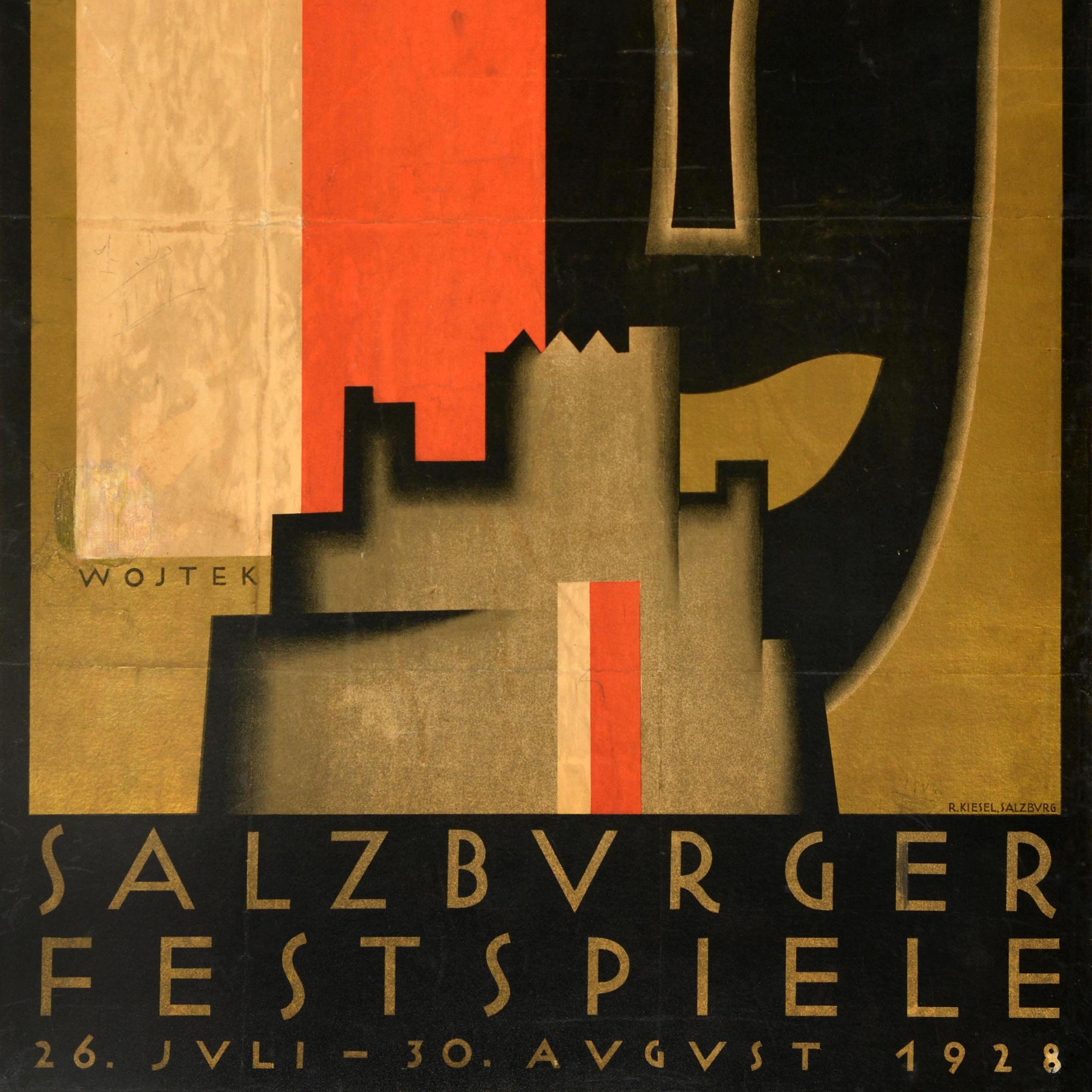 Original vintage advertising poster for the Salzburger Festspiele / Salzburg Festival from 26 July to 30 August 1928 under the management of Max Reinhardt, Franz Schalk and Bruno Walter, featuring a great design depicting an outline of a castle in