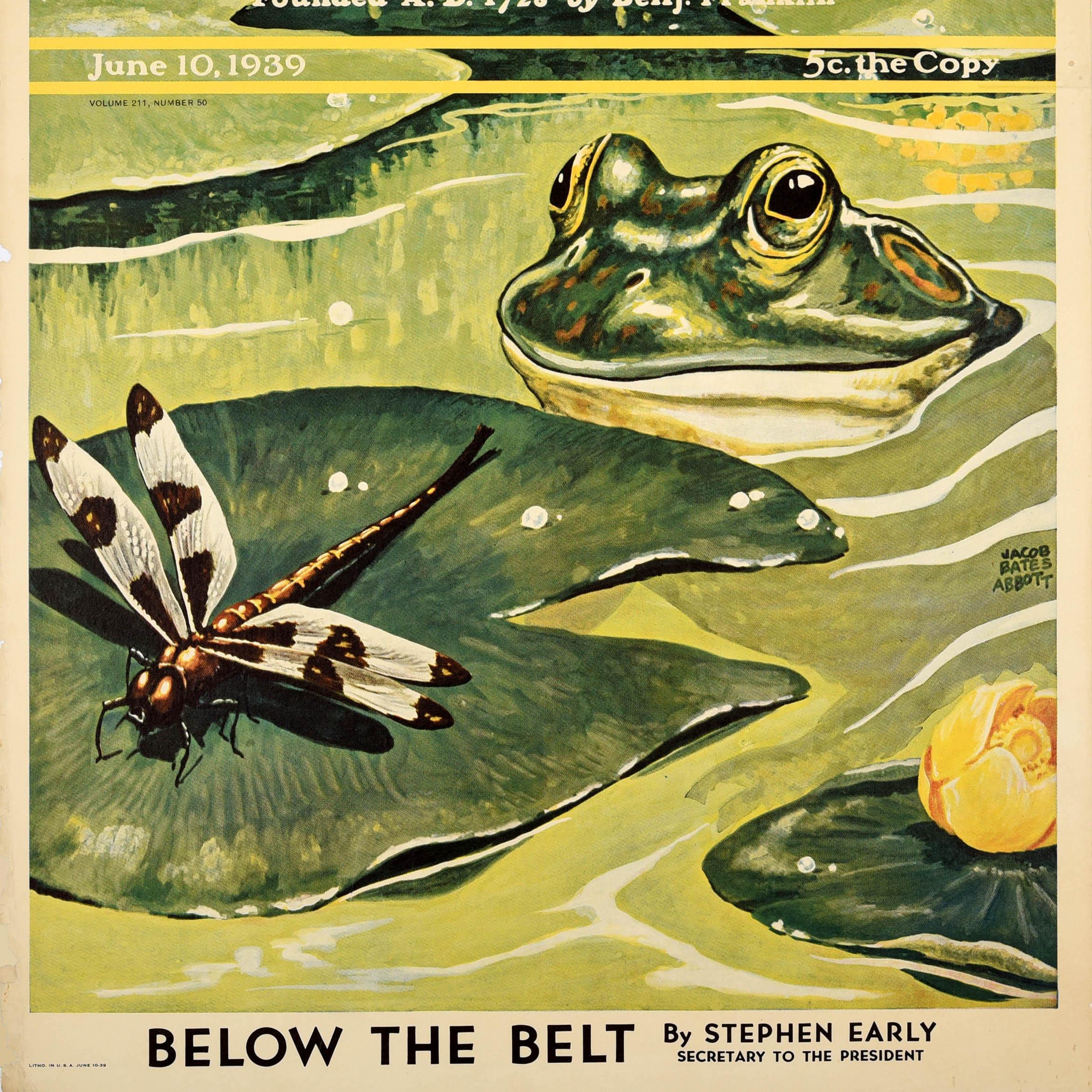 Original vintage advertising poster for The Saturday Evening Post magazine issue 10 June 1939 featuring wildlife artwork by the watercolour painter Jacob Bates Abbott (1895-1950) of a frog swimming in a pond and looking at a dragonfly on a lily pad