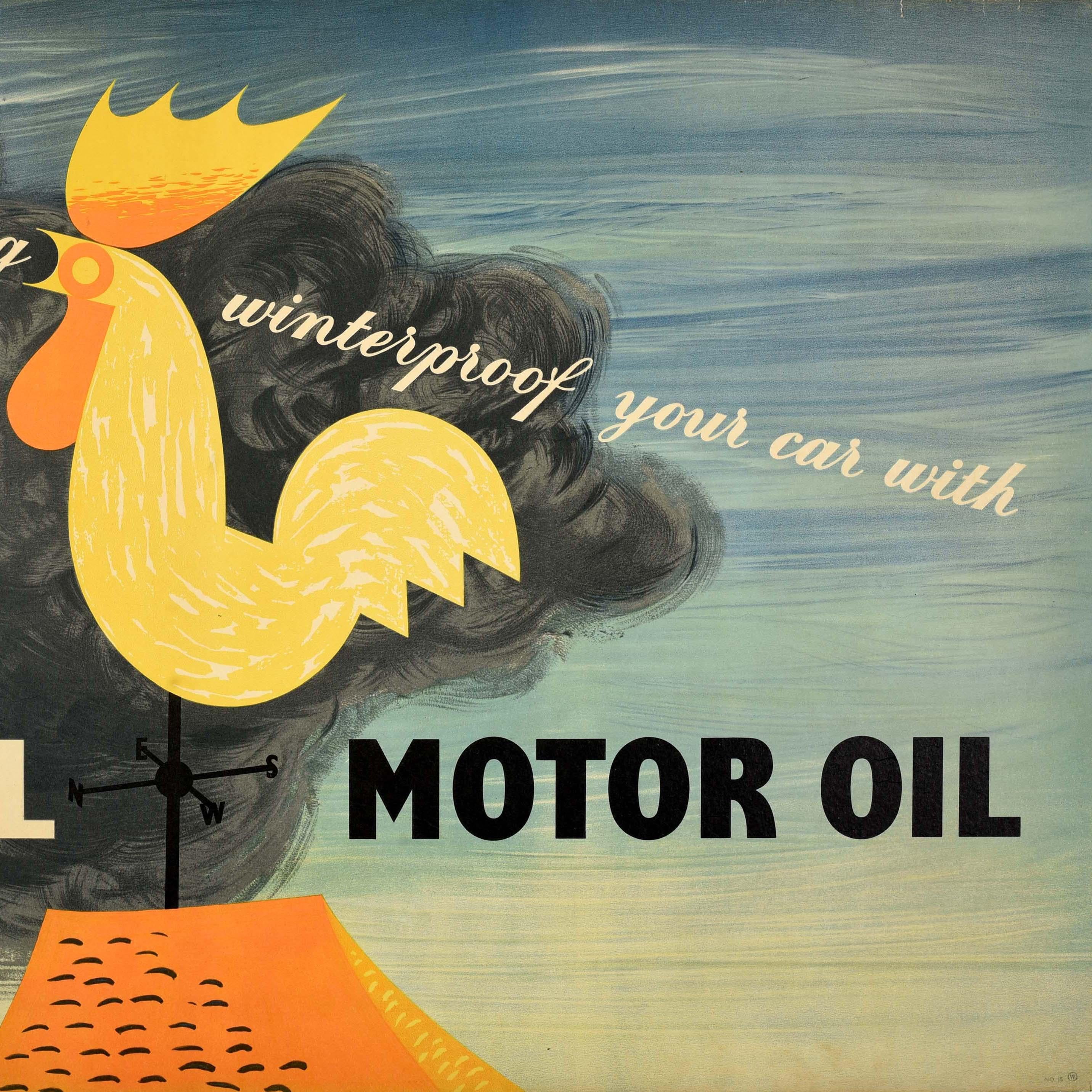 Poster pubblicitario originale d'epoca - Cold Coming Winterproof Your Car With Shell Motor Oil - con un grande disegno dell'artista britannico Kenneth George Chapman (1908-1993) che raffigura una nuvola scura di pioggia che soffia dietro una