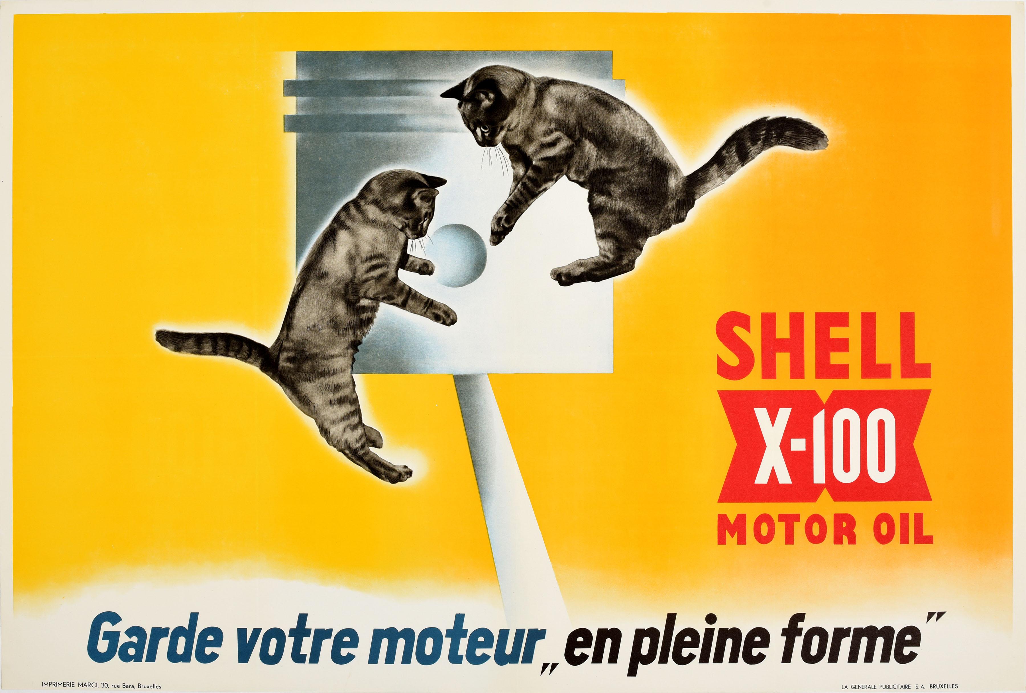 Unknown Print - Original Vintage Advertising Poster Shell X-100 Motor Oil Engine Kittens Design