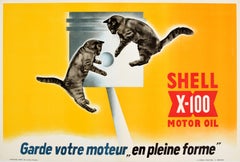 Affiche publicitaire originale vintage Shell X-100, dessin de chatons de moteur