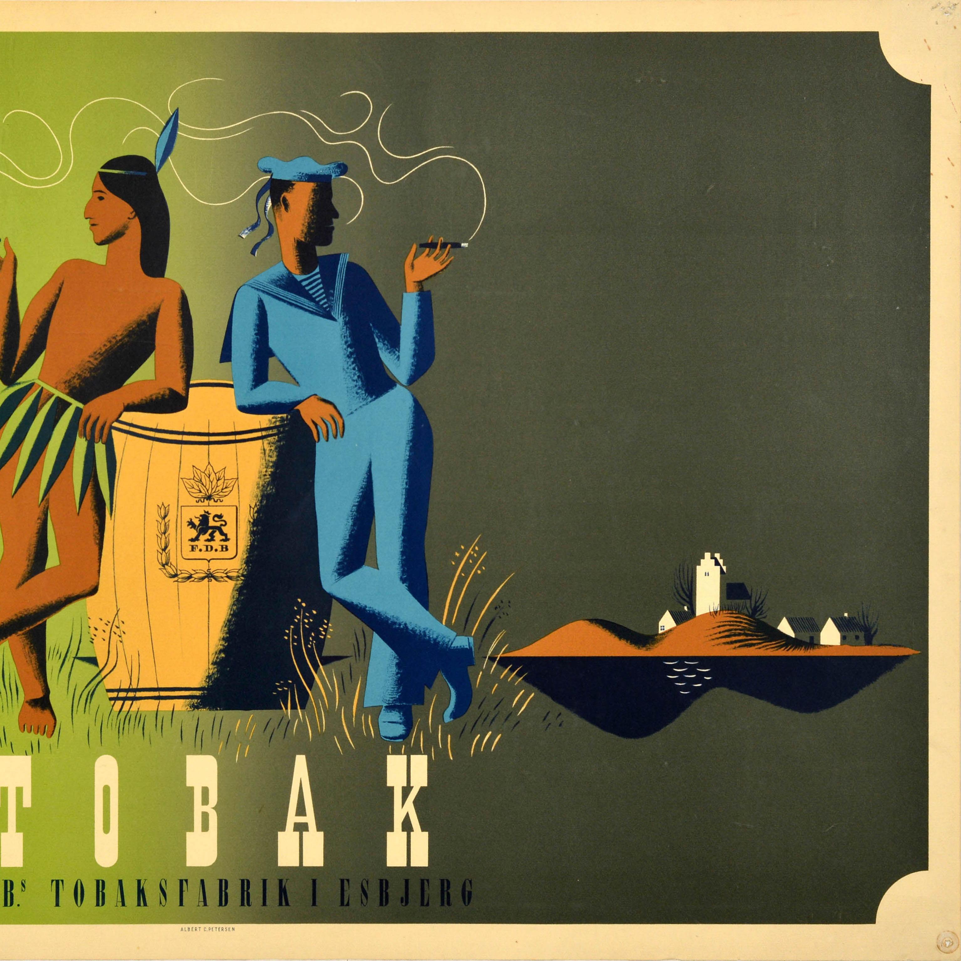 Original vintage advertising poster for the FDB Tobaksfabrik cigar and tobacco factory in Esbjerg - Tobak - featuring an illustration on two sides of two men smoking whilst leaning on a barrel stamped with the FDB logo on it, one dressed in a leaf