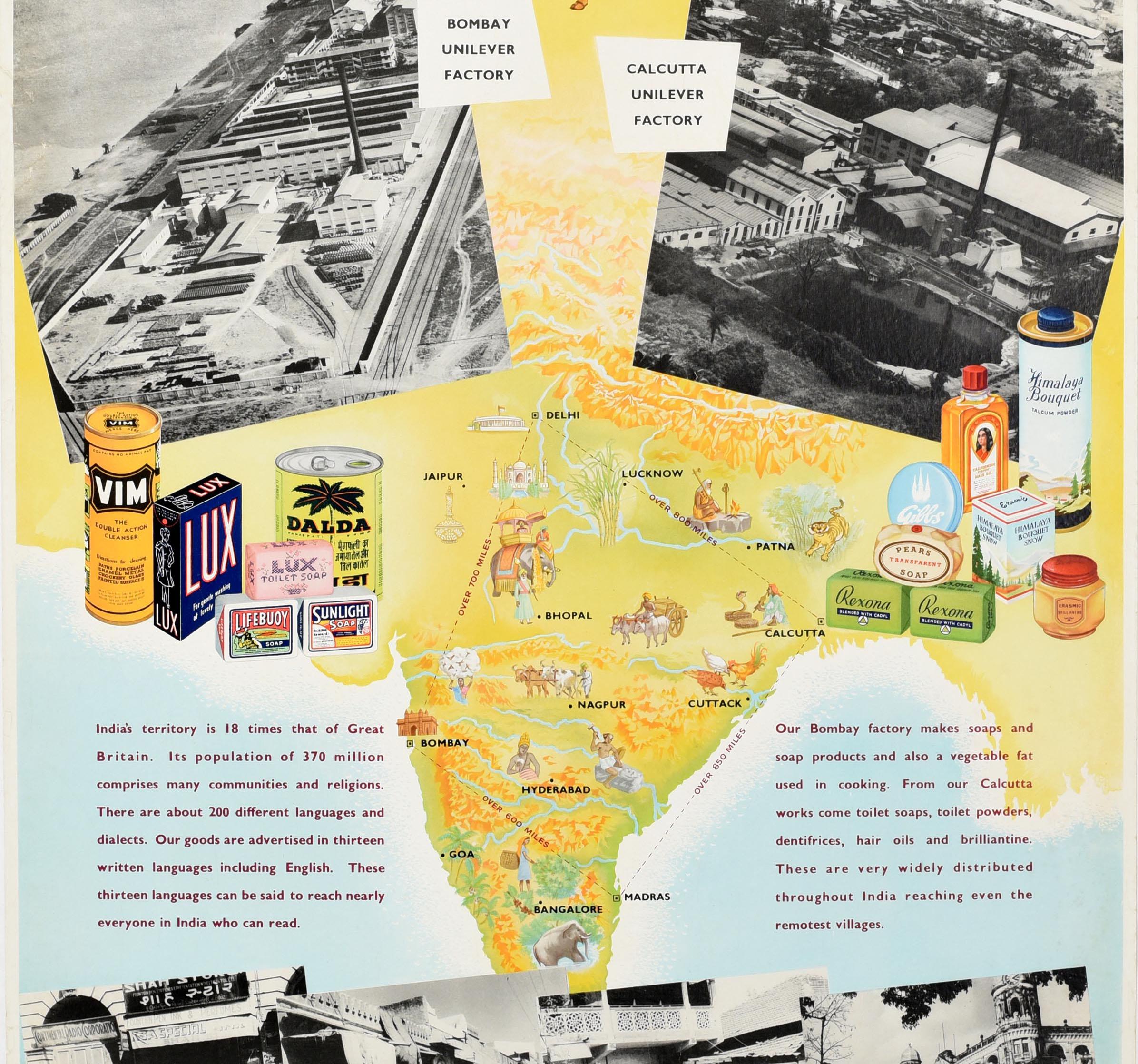 Poster pubblicitario originale d'epoca Unilever Overseas India Mappa Illustrata - Print Beige di Unknown
