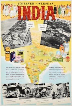 Original Vintage Advertising Poster Unilever Overseas India Illustrated Map
