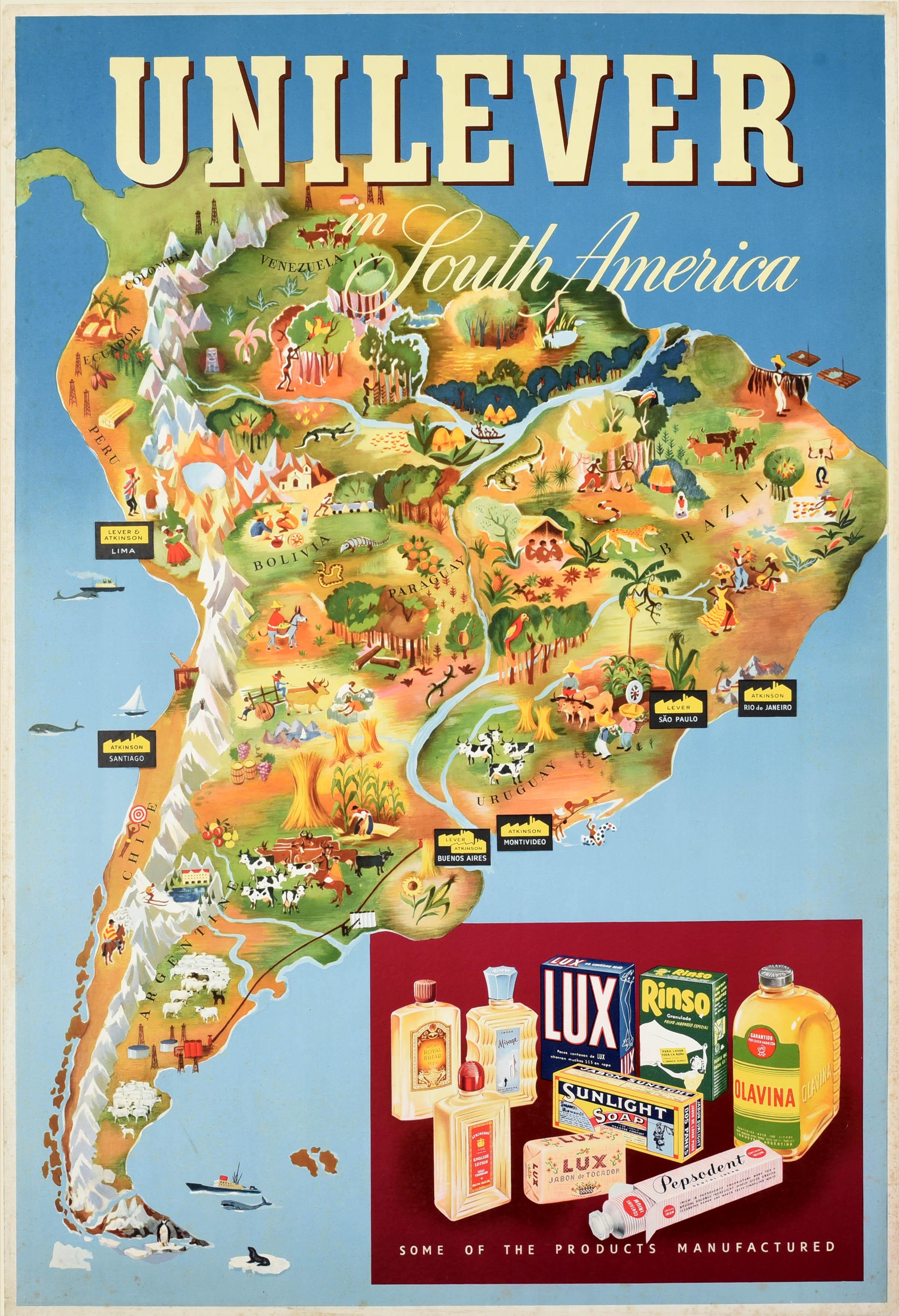 Unknown Print - Original Vintage Advertising Poster Unilever South America Illustrated Map Art