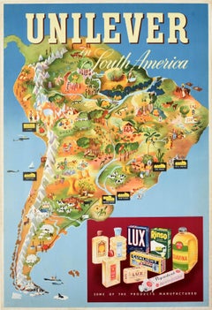 Poster pubblicitario originale d'epoca Unilever Sud America Mappa Illustrata Arte
