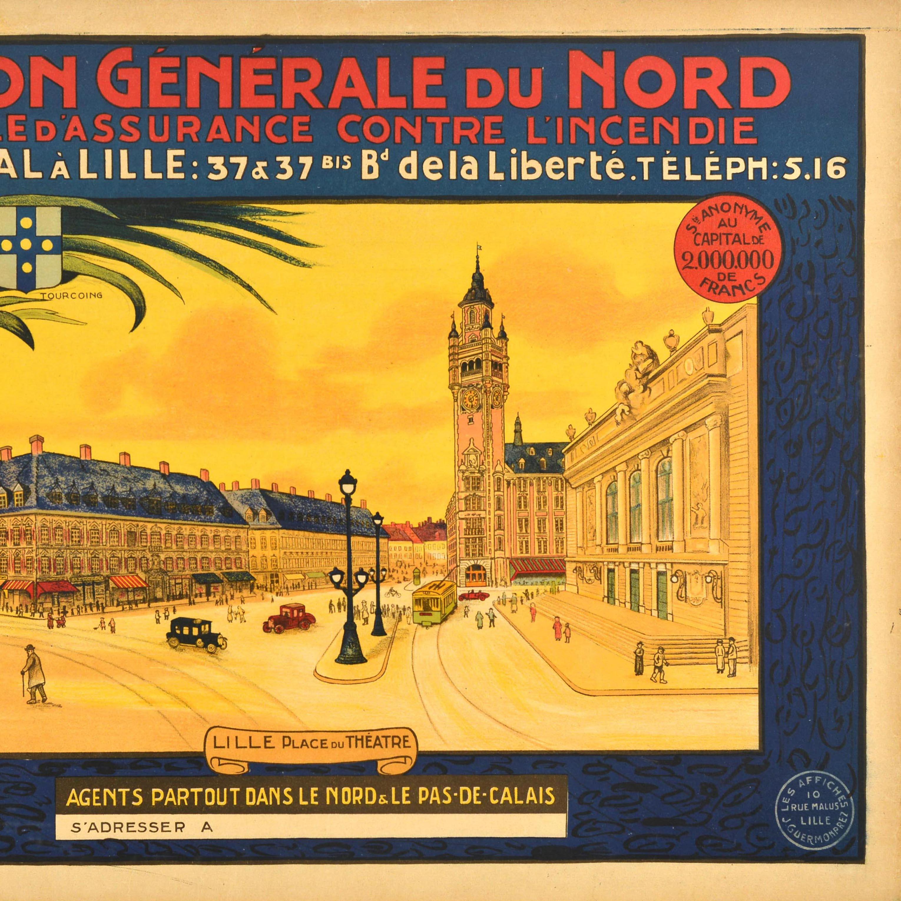 Original vintage advertising poster for The General Union of the North Local Company of Insurance Against Fire Headquarters in Lille founded in 1876 - L'Union Generale Du Nord Cie Locale d'Assurance Contre l'Incendie Siege Social a Lille 37