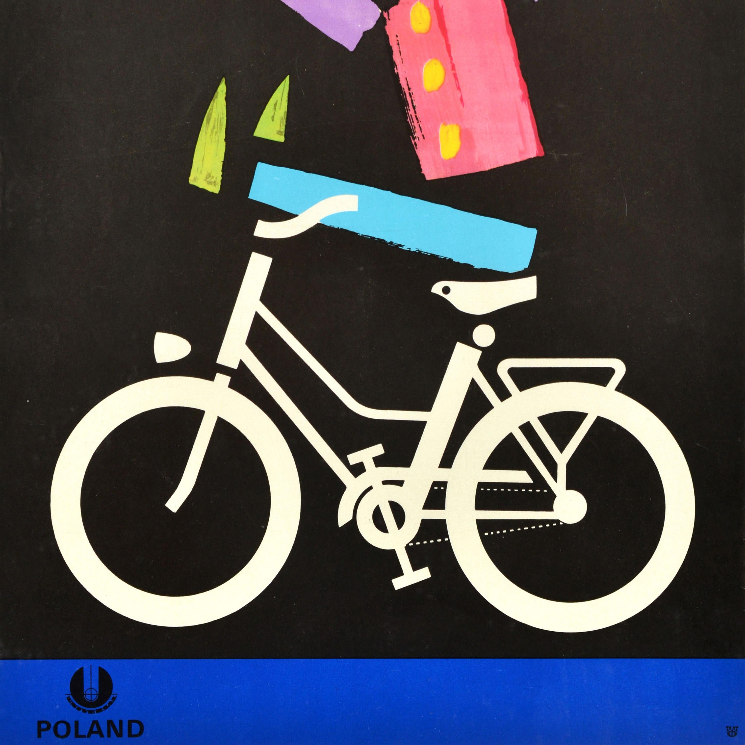 Affiche publicitaire vintage originale - I+I like Polish bike ! - représentant une illustration amusante et colorée d'un personnage souriant portant un chapeau et conduisant une bicyclette sur un fond noir, avec la légende en haut et le logo