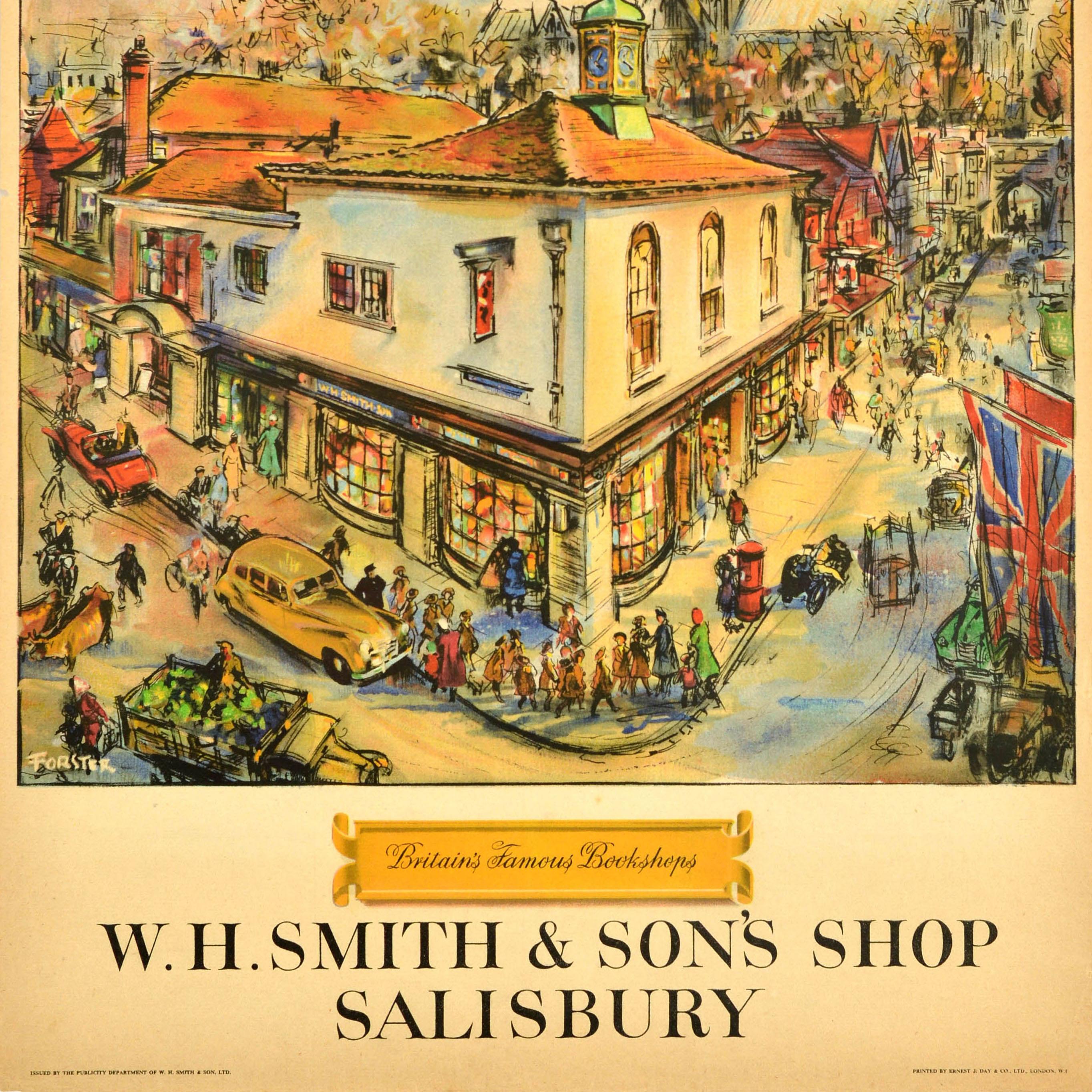 Original vintage advertising poster for Britain's Famous Bookshops WH Smith & Son's Shop Salisbury featuring a busy street scene with cars and trucks on the road, a group of children passing by the store on the corner and people looking into the