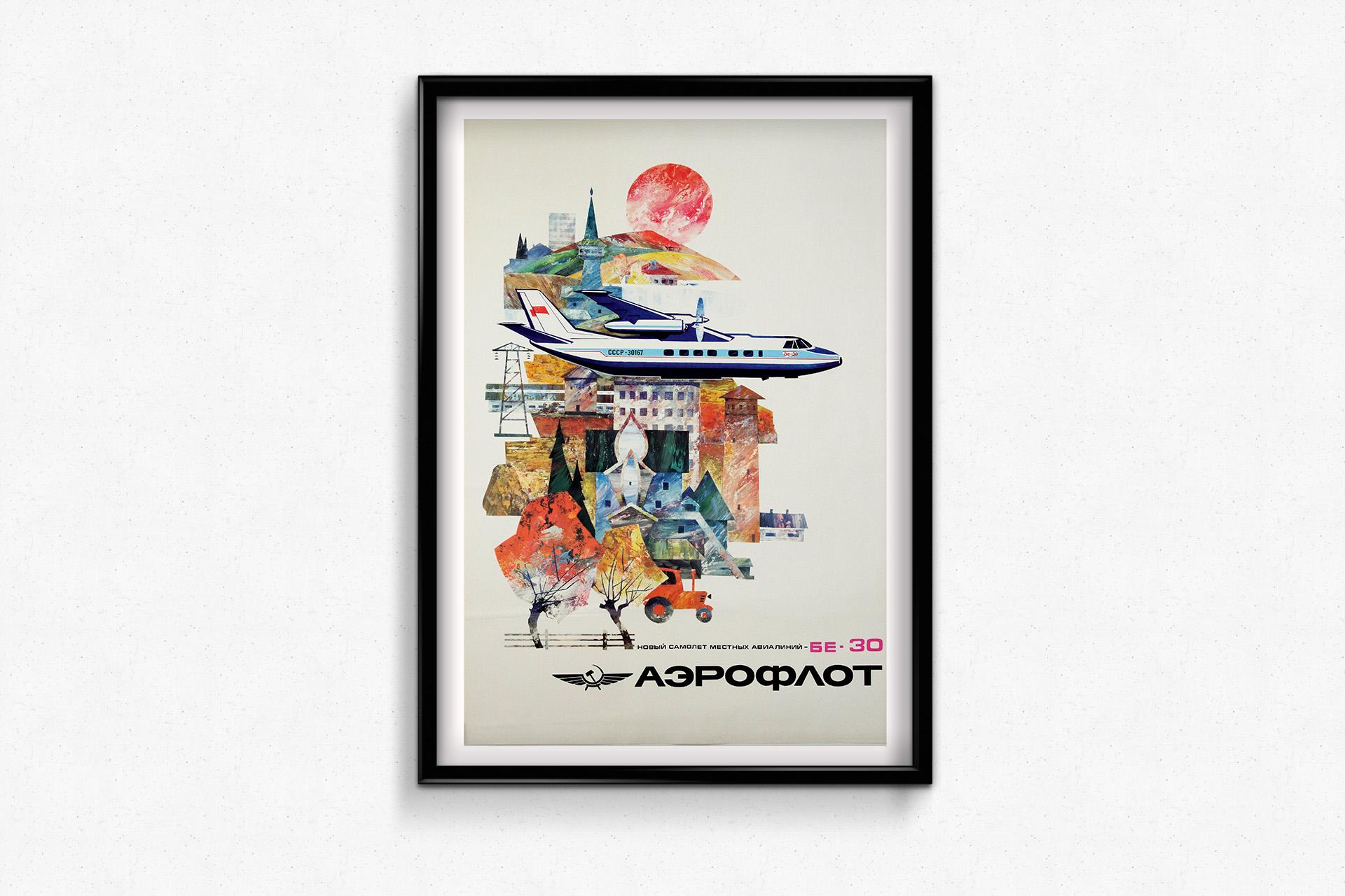 Dieses eindrucksvolle Originalplakat der Aeroflot zeigt das Regionalflugzeug BE-30 der Sowjetunion, ein Kurzstreckenflugzeug, das entlegene Gebiete in der riesigen UdSSR effizient und schnell miteinander verbinden sollte.

Vor dem Hintergrund einer