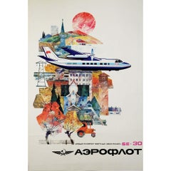 Cartel original de época de Aeroflot - Avión regional BE-30 de la Unión Soviética