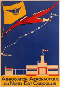 Affiche originale vintage aéronautique du Congo d'Afrique, Assn Aeronautique NE Congolais
