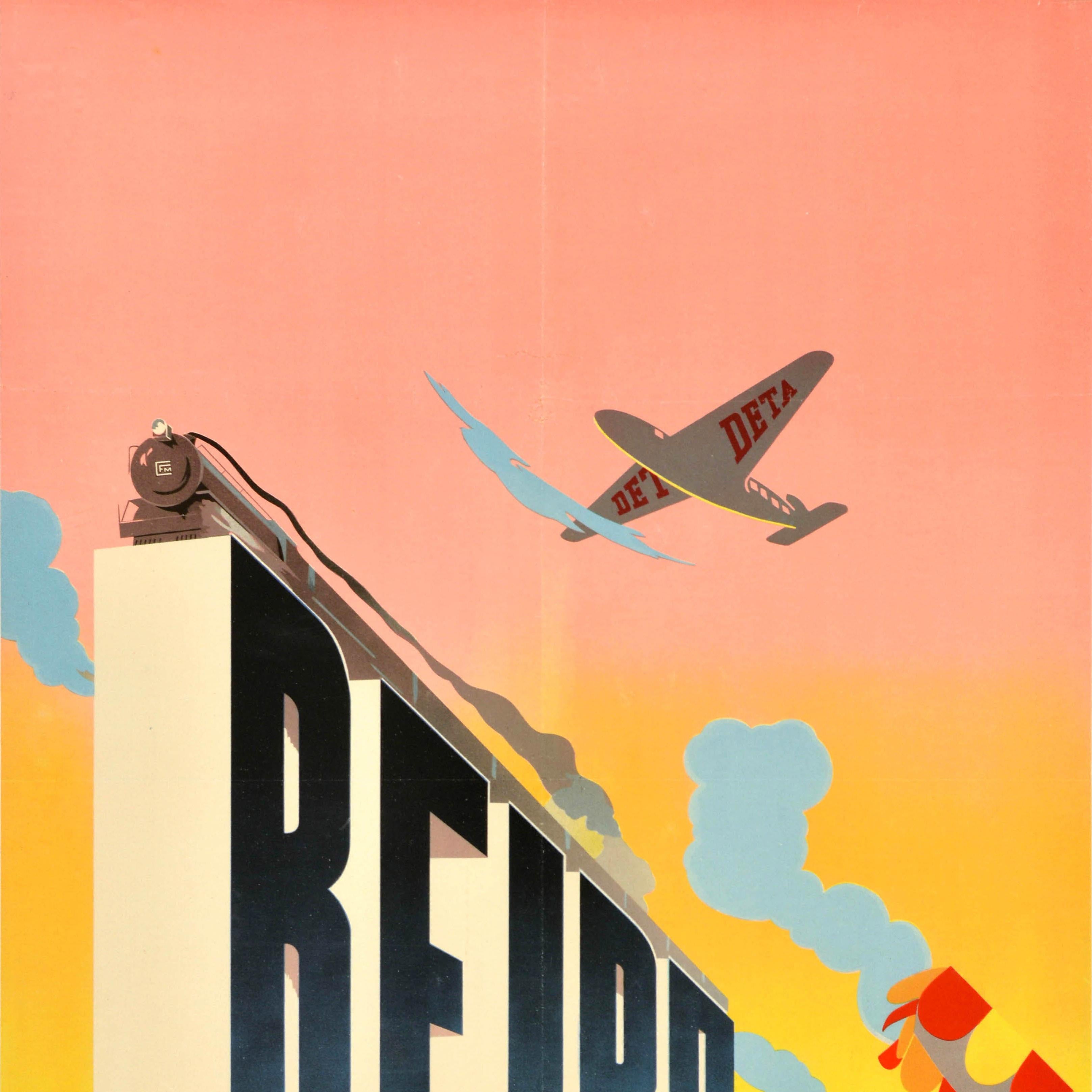 Poster di viaggio originale d'epoca per l'Africa della città portuale di Beira, in Mozambico, con una splendida grafica che raffigura una signora che prende il sole su una sedia a sdraio e tiene in mano un libro, con altri villeggianti visibili