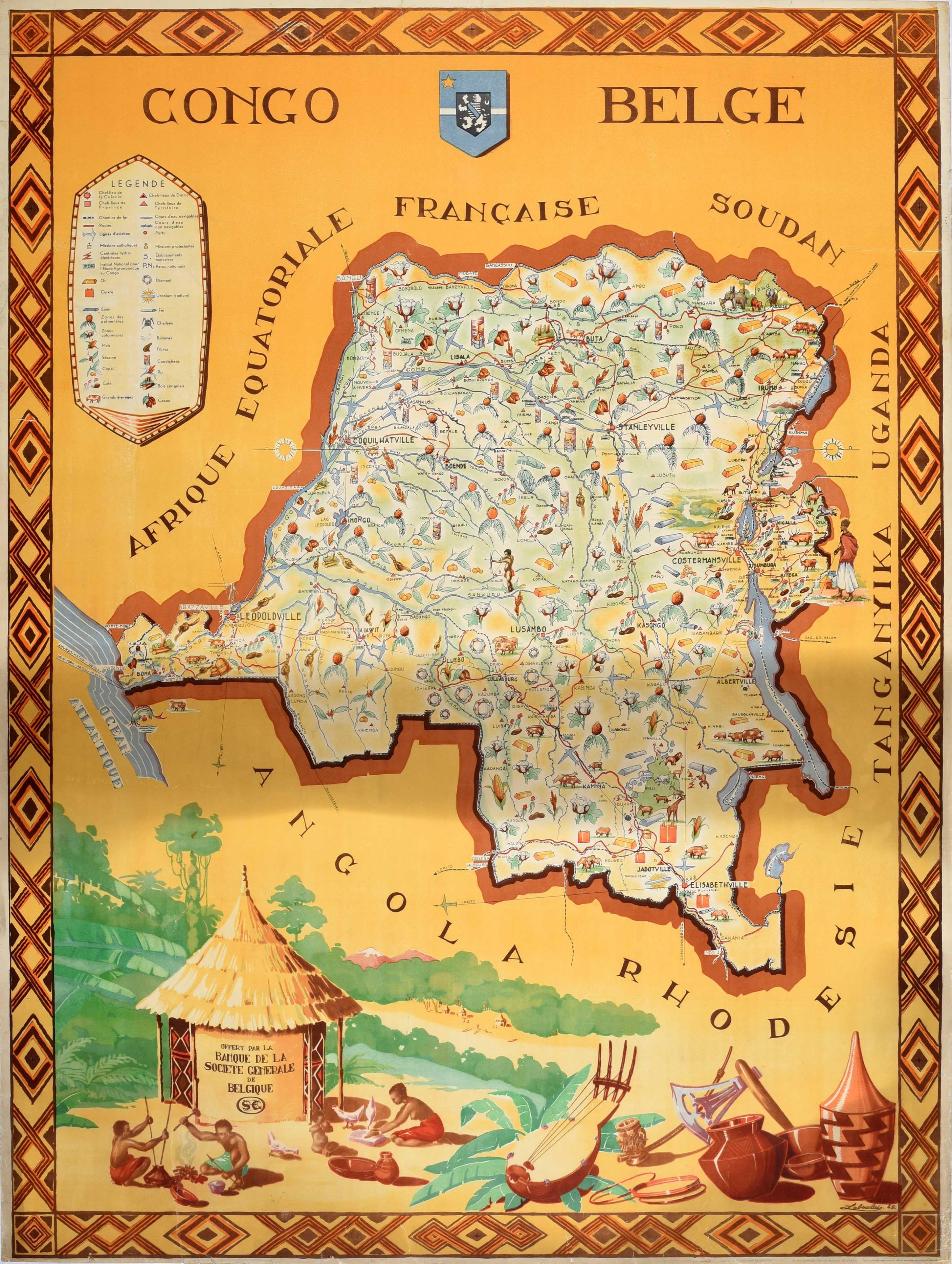 Unknown Print - Original Vintage Africa Travel Poster Belgian Congo Congo Belge Illustrated Map