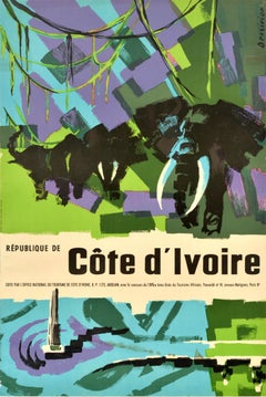 Affiche vintage originale de voyage en Afrique, côte ivoire, Côte d'Ivoire, motif éléphant