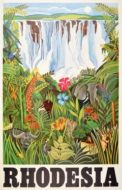 Affiche de voyage originale de Rhodesia Zimbabwe Victoria Falls Jungle