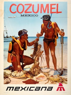 Original Retro Air Travel Poster Cozumel Mexico Mexicana Scuba Diving Fishing