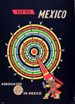 Affiche rétro originale de voyage aérien Fly To Mexico, Dessin du calendrier des aéronaudes Maya