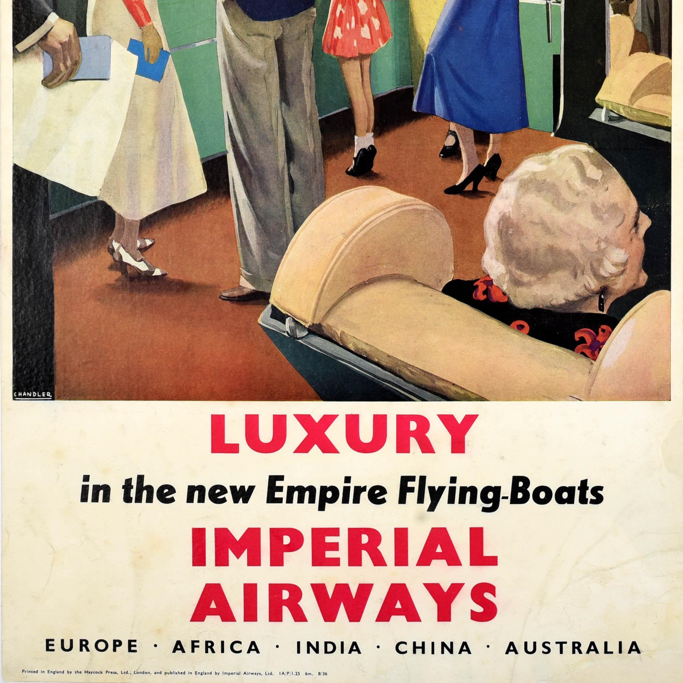 Original vintage travel advertising poster - Imperial Airways Luxury in the new Empire Flying-Boats to Europe Africa India China Australia - featuring colourful artwork of smartly dressed passengers chatting with each other in a plane cabin, the men