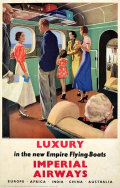 Original Vintage Air Travel Poster Imperial Airways Luxury Empire Flying Boats, Imperial Airways, Vintage 