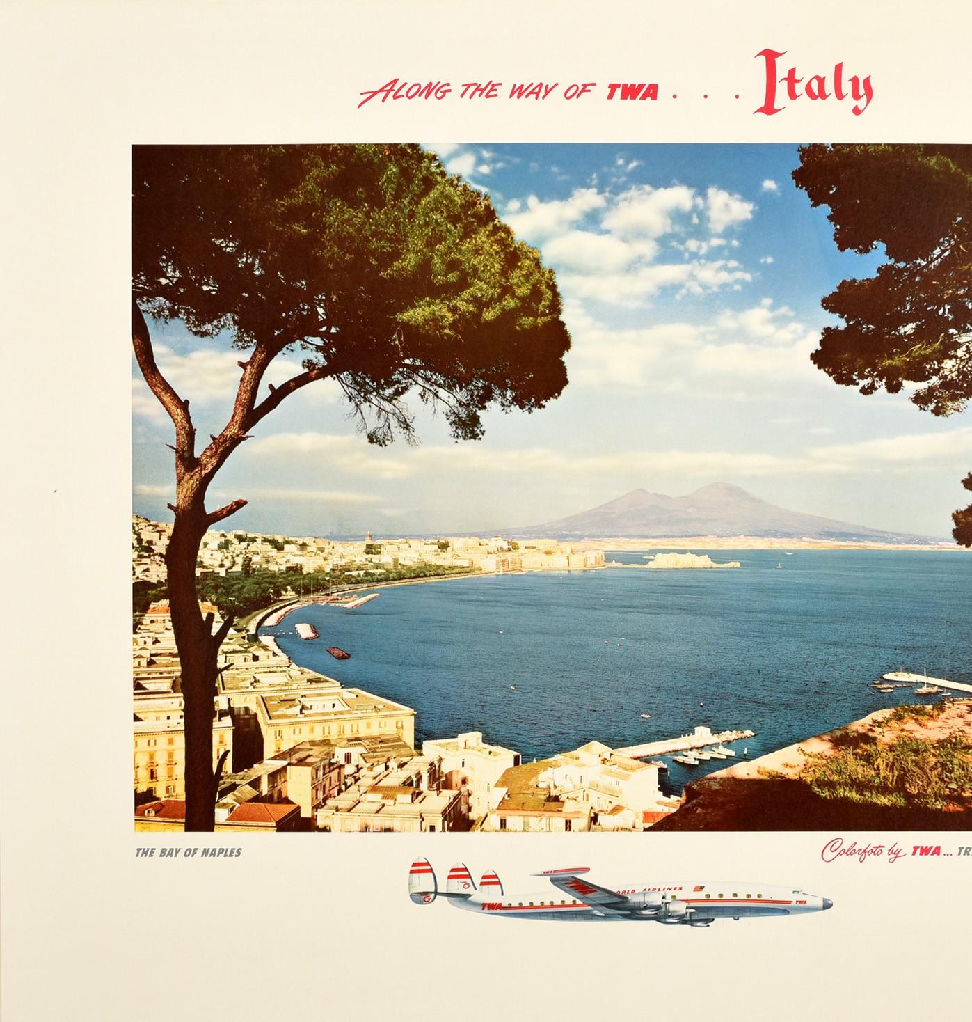 Original Vintage Air Travel Poster TWA Italy Bay Of Naples Mount Vesuvius Coast  - White Print by Unknown