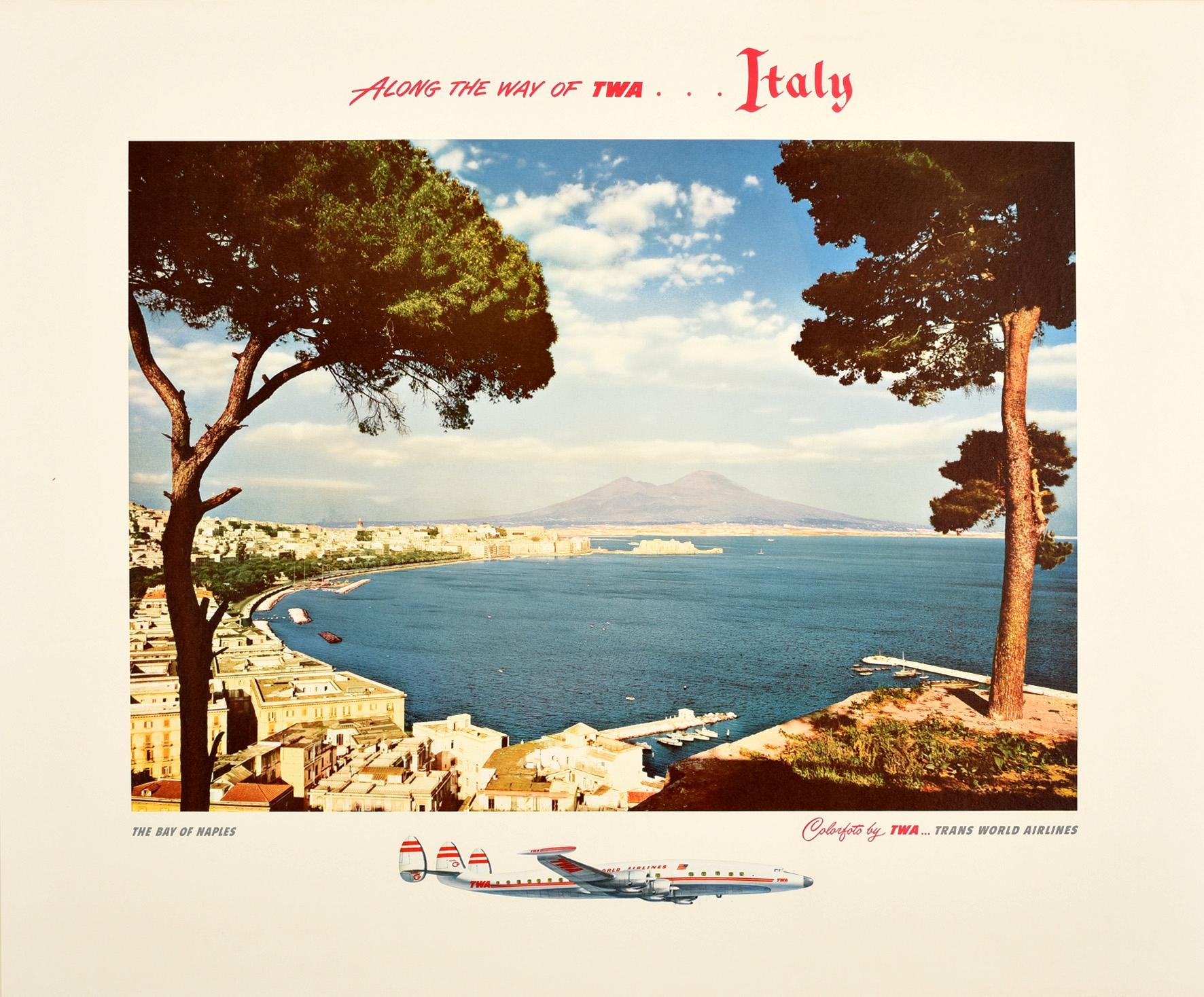 Unknown Print - Original Vintage Air Travel Poster TWA Italy Bay Of Naples Mount Vesuvius Coast 