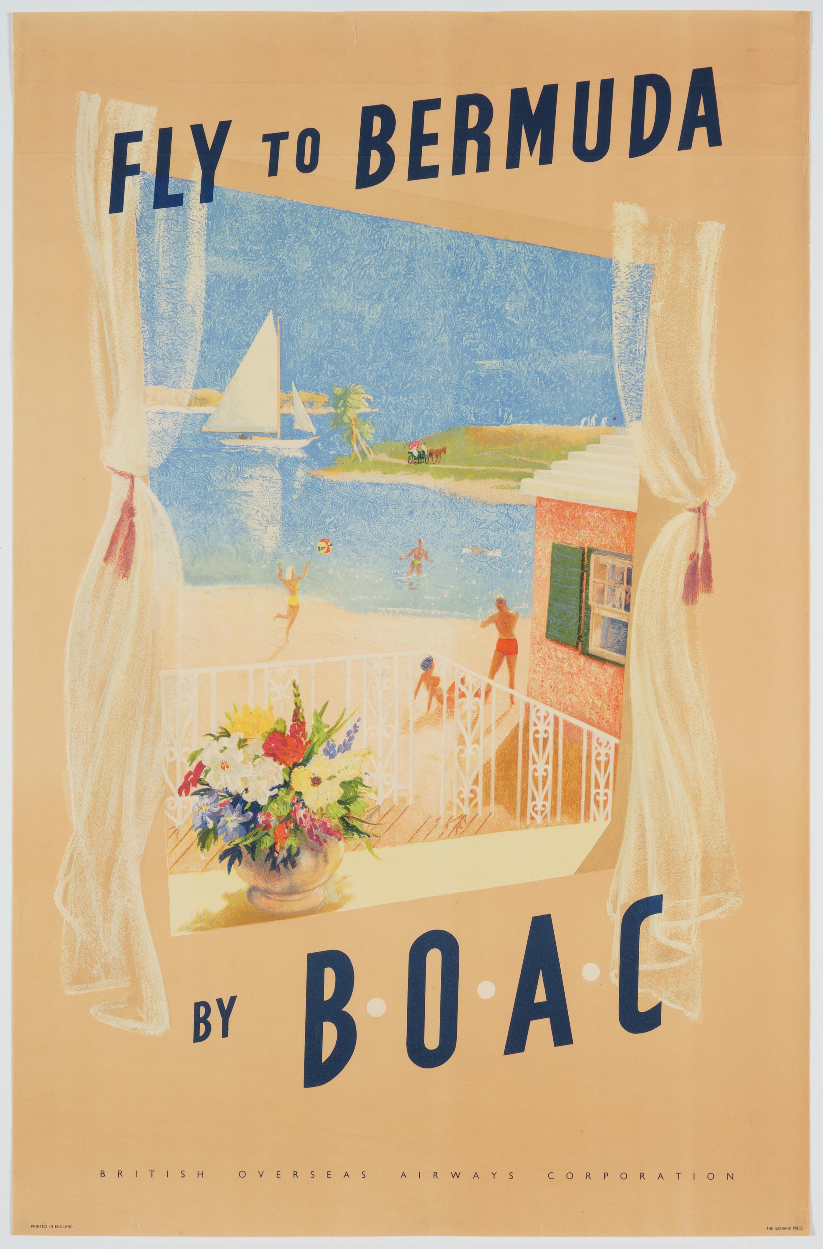 Fly to Bermuda von BOAC Original Vintage-Poster der britischen Airline