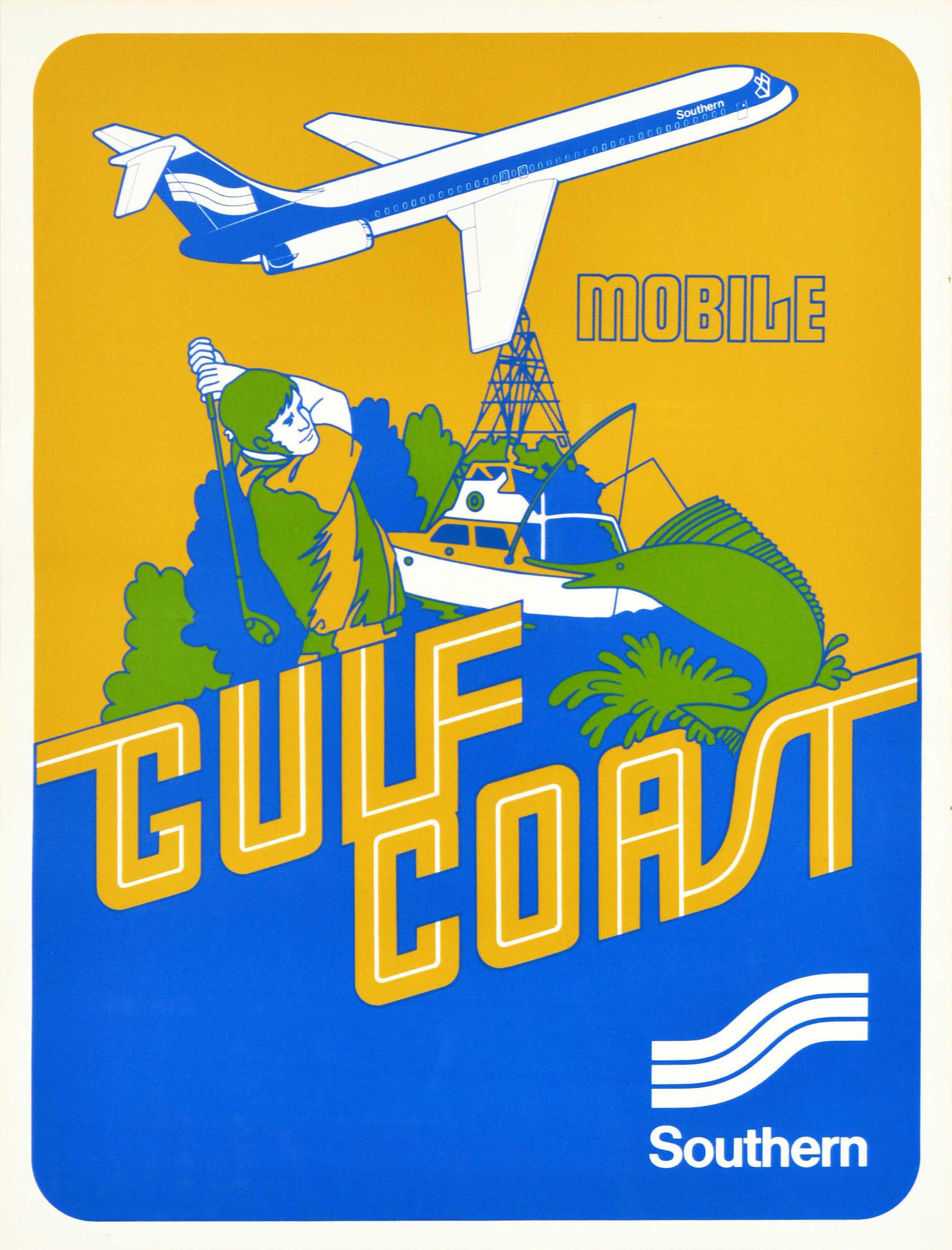 Unknown Print - Original Vintage Airline Poster Southern Gulf Coast Mobile Alabama Golf Fishing